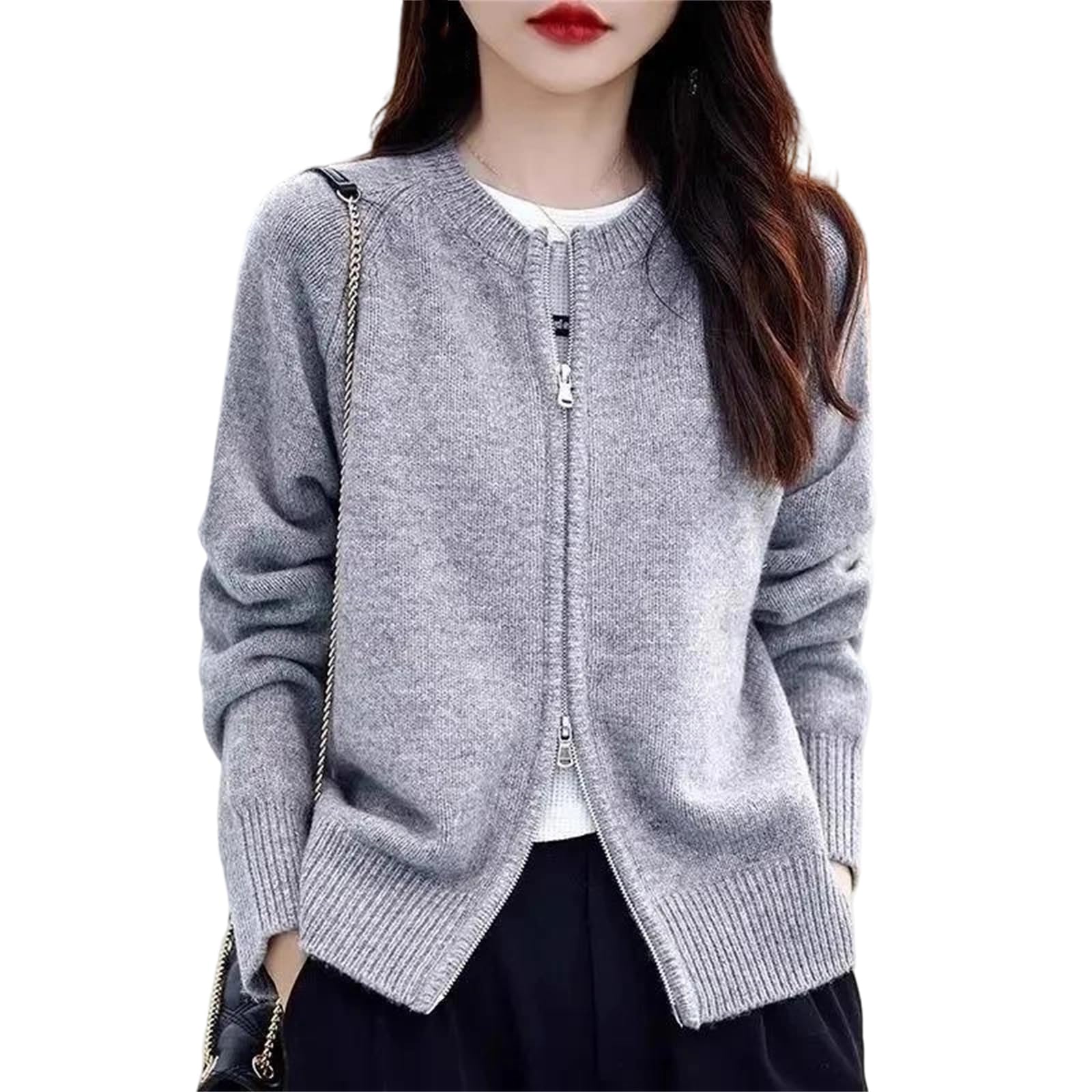 Cárdigan de gran tamaño con doble cremallera para mujer, cuello redondo, manga larga, chaqueta de punto liso, para otoño e invierno, ropa de abrigo casual