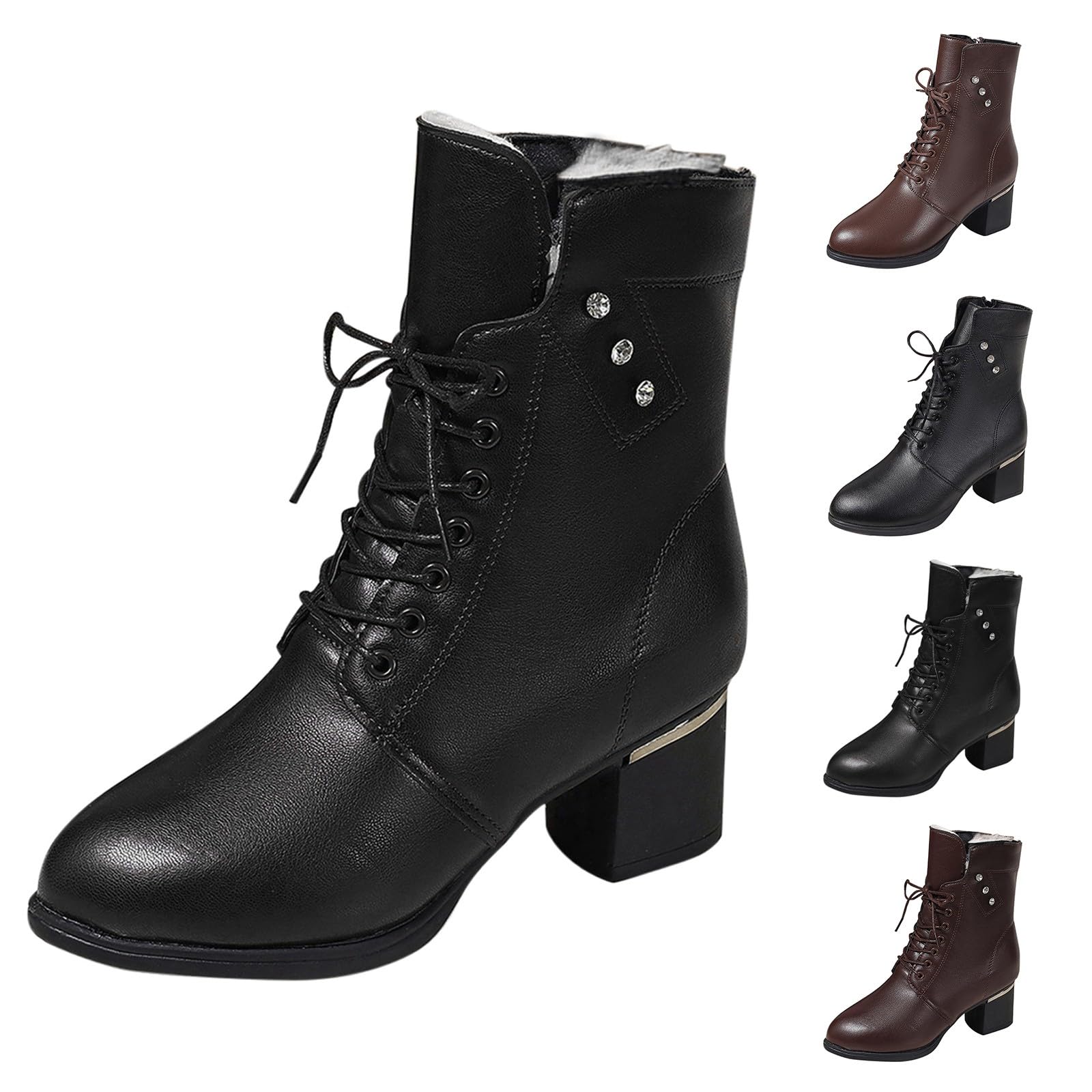 Cocila Botas De Tacón Medio Grueso para Mujer, Estilo Británico, con Forro Y Cremallera Lateral, Talla Grande, Otoño E Invierno Hebillas Zapatos Mujer Agua Hunter Marron Impermeables Altas