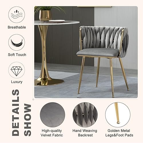 Miniatura 5 de NIOIIKIT Juego de 2 sillas de comedor modernas de terciopelo, sillas decorativas tejidas a mano, sillas de sala de estar, sillas laterales tapizadas