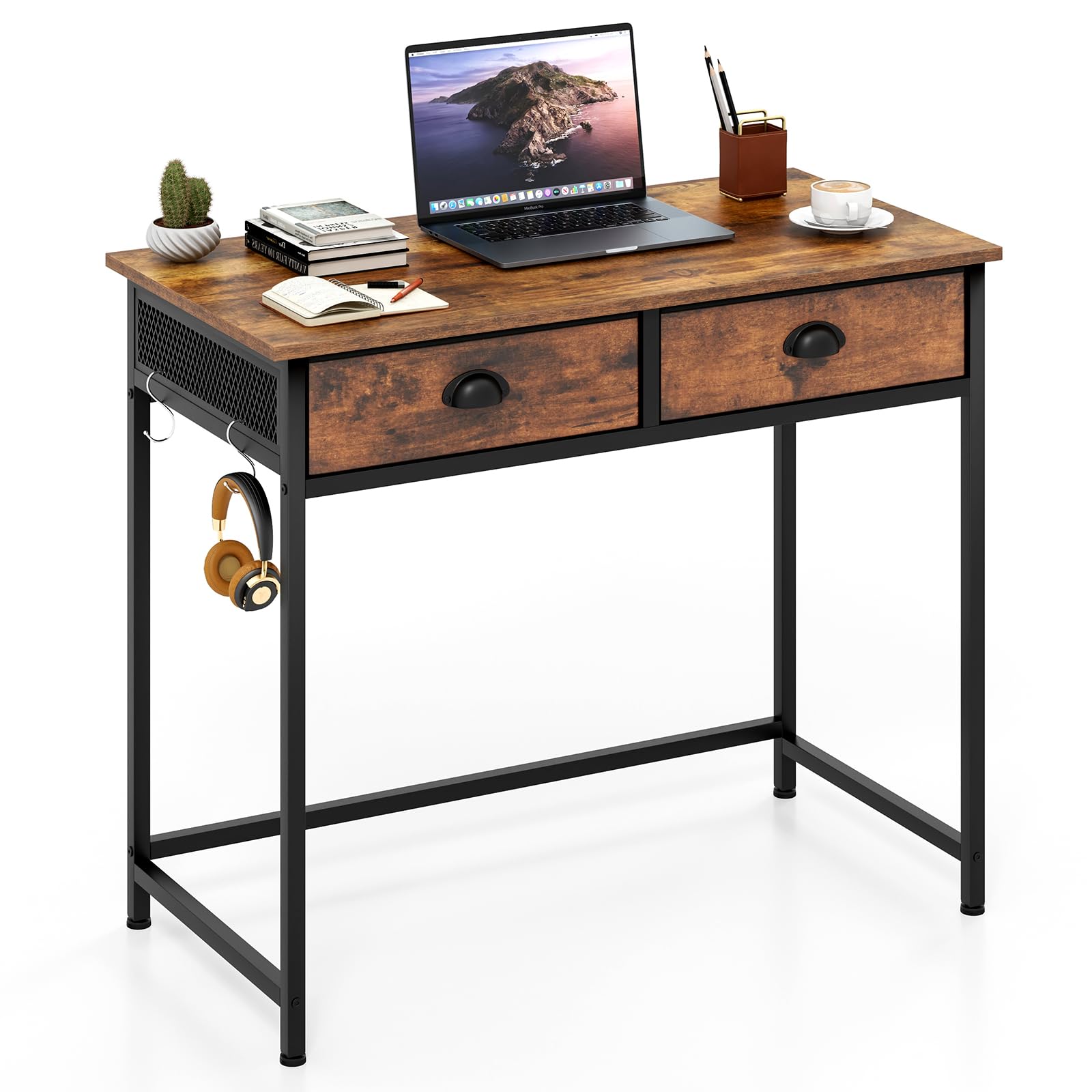 COSTWAY Computer Desk, Wooden PC Laptop Table Writing Workstation with 2 Drawers and 4 Hanging Hooks, Simple Home Office Working Gaming Study Desk, 90 x 45 x 75 cm (Rustic Brown + Black)