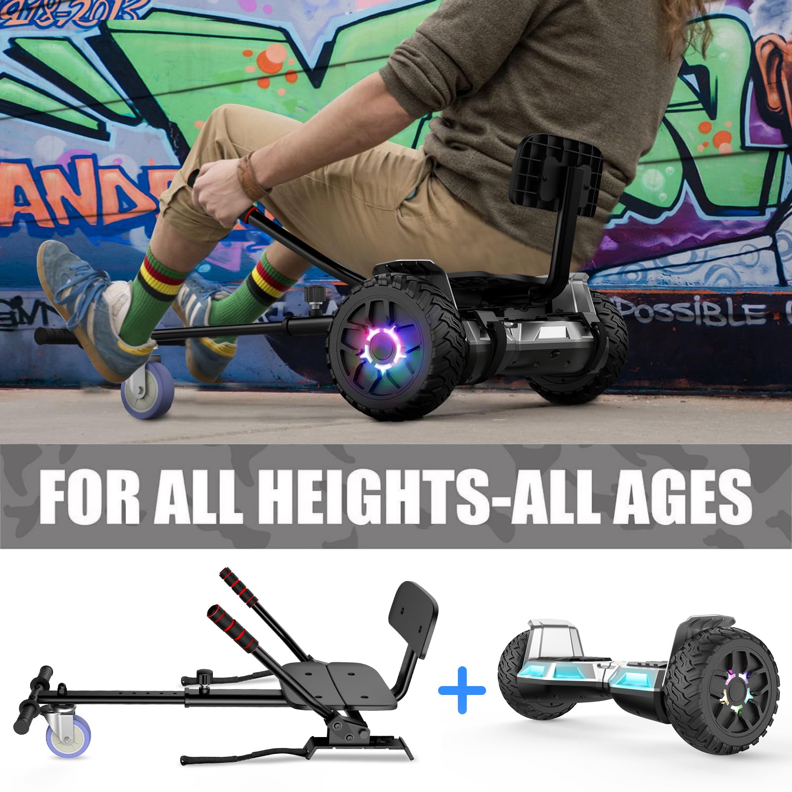 SISIGAD All-terrain Hoverboard 8,5 cala, Hoverboard z gokartem, Bluetooth, dla dzieci i dorosłych