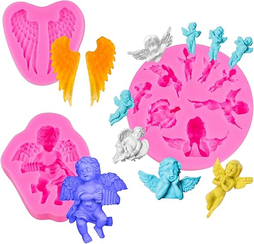 Miniatura 4 de AUEAR, Paquete de 3 moldes de ángel y querubín, alas de silicona, molde de fondant, decoración de tartas, herramientas para hornear