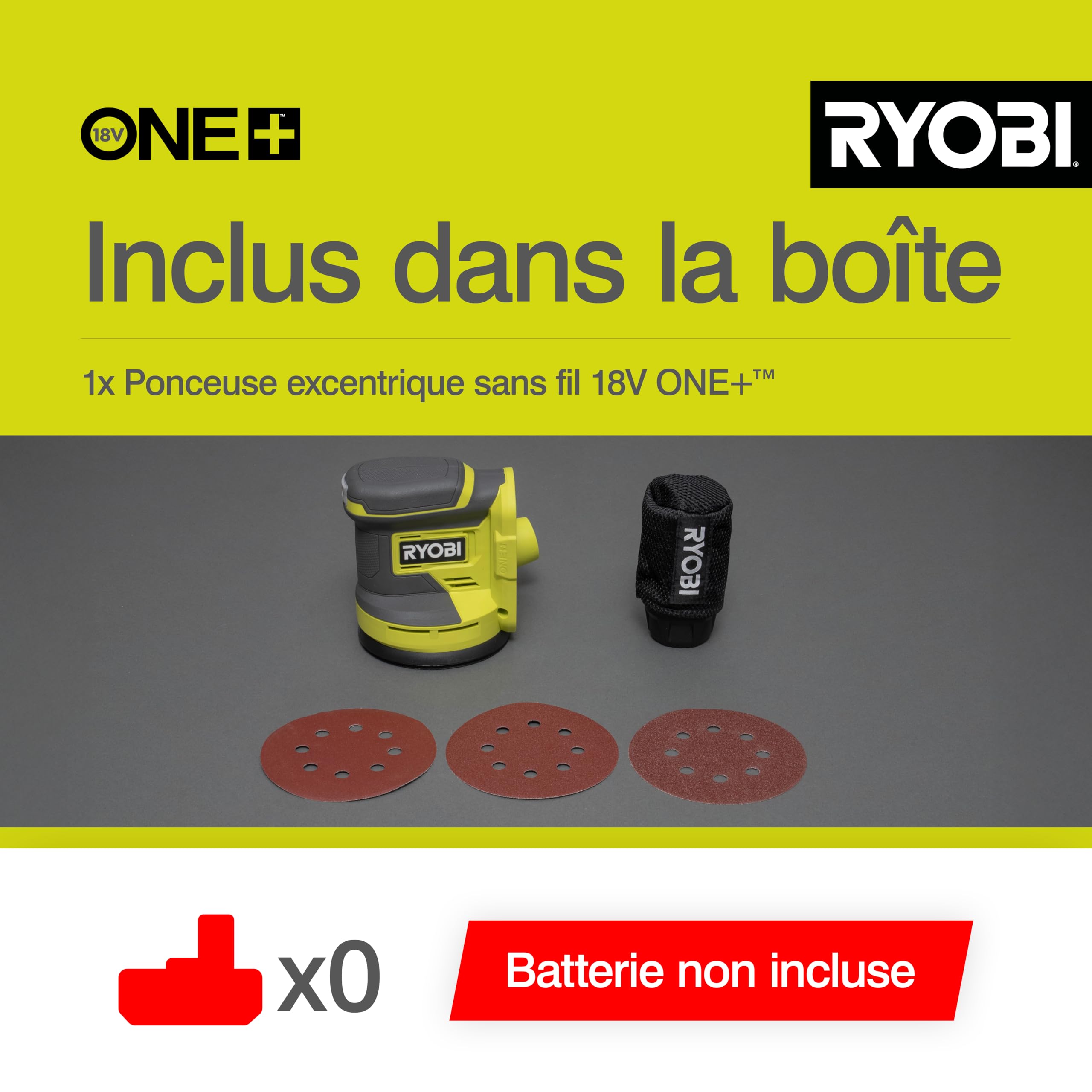 RYOBI - Ponceuse Excentrique Sans Fil 18V ONE+ RROS18-0 – Plateau Ø125 mm, Collecteur de Poussière, Mouvements Orbitaux Puissants – Finition Bois, Peinture, Métal – Batterie Non Incluse