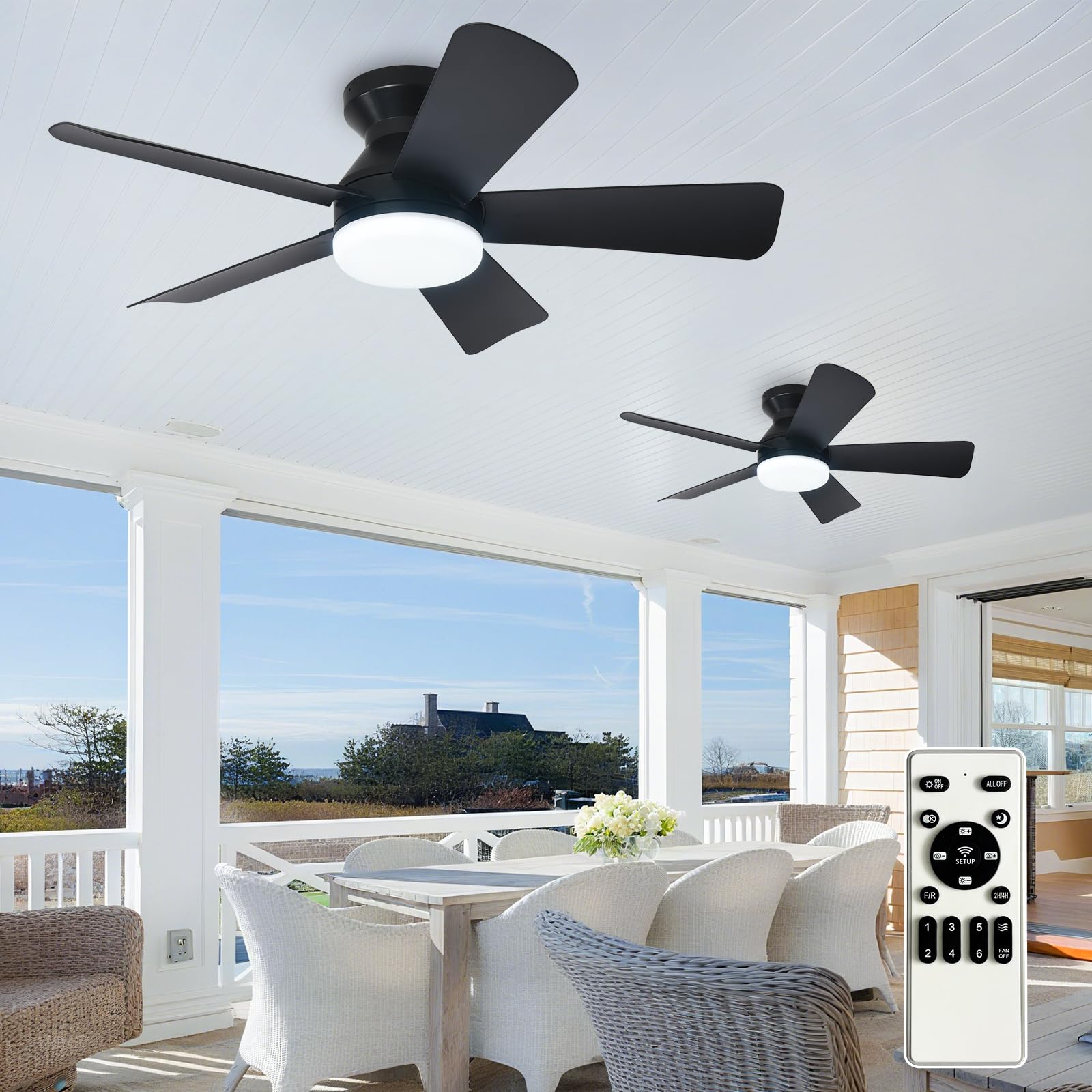 Depuley 35-Inch Ceiling Fans with Lights: Indoor/Outdoor Flush Mount Ceiling Fan with Remote Control - Black 5 Blade Low Profile Fandelier for Kitchen Gazebo - Reversible Quiet Timer - 2 Packs