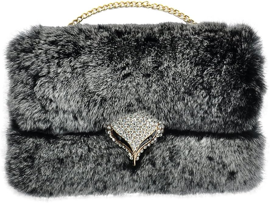 iPhone 5S Case, [Purse Design] [Fluffy Extream Delux Furry] JCmax New Arrival Luxury Bling Diamond Fox Fluffy Cover Purse [Genuine Rex Rabbit Fur Case] Winter Wammer Handmade Soft PU Case with Gold Chain + Free Stylus Pen + Free Screen Protector Film + Free Unique JCmax Butterfly Earphone Jack Plug Black