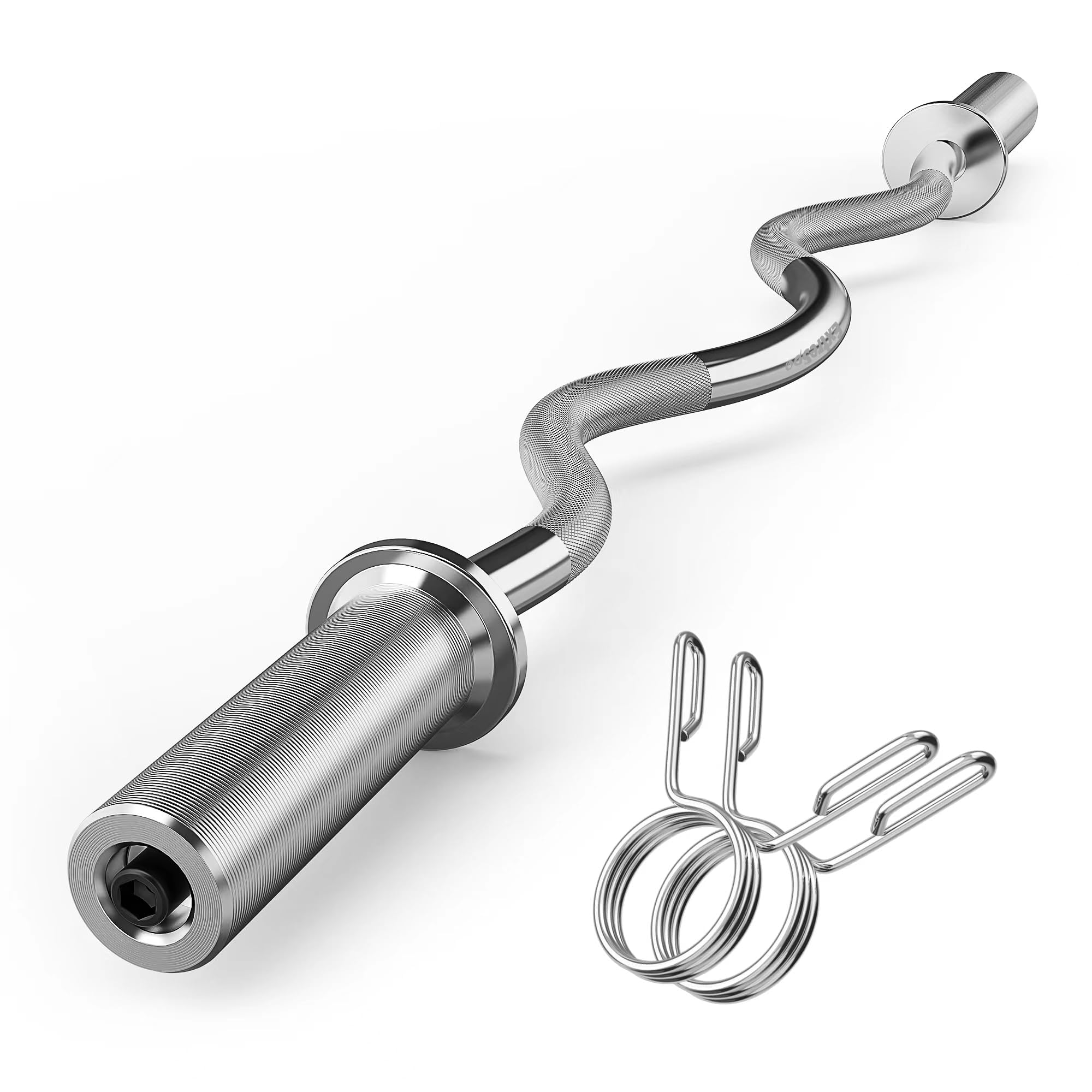 Olympic EZ Curl Barre d'haltère bouclée de 119,4 cm pour haltérophilie, poussées de hanches, squats, biceps, gym à domicile, barre de bouclagechromée avec 2 colliers à ressort pour disques de poids