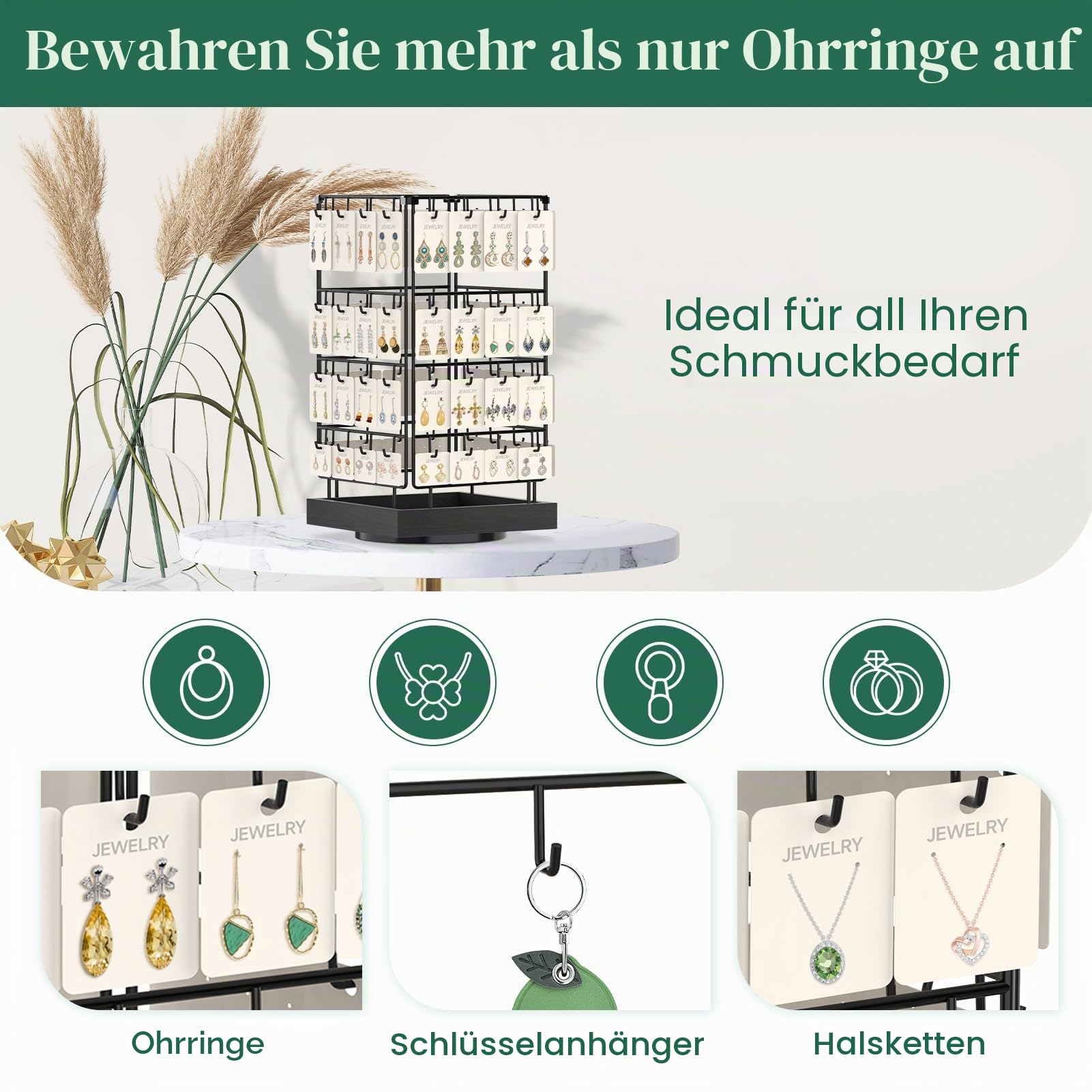 EsLuker.ly Rotierender Ohrringständer Ohrringe Aufbewahrung Ohrringhalter Organizer für Verkäufer, Ohrringkarten Schmuckaufbewahrung Earring Rack Display Stand mit 64 Haken, Schwarz