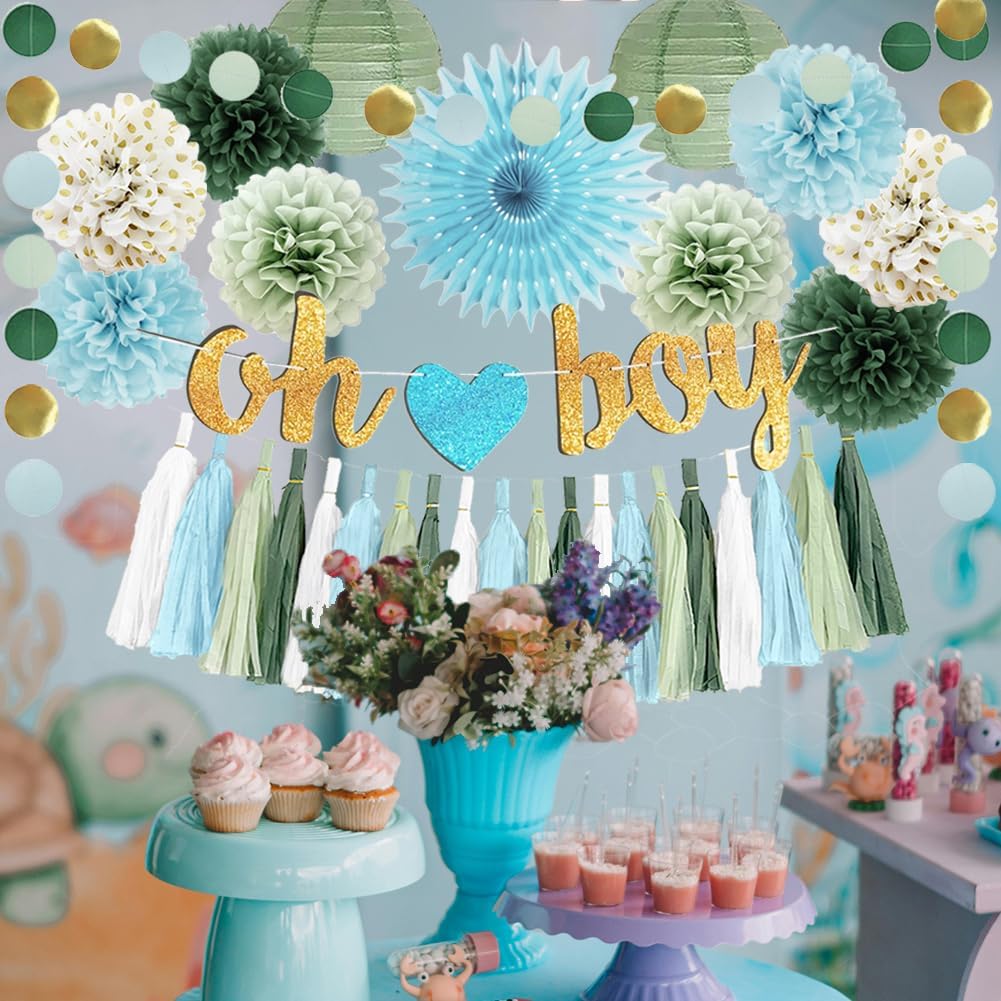 Dusty Blue Sage Green Baby Shower Decorations Baby Boy Shower Decor Oh Boy Banner Sage Green Blue Tissue Paper Pom Poms Tassels Garland for Boy Blue Green Baby Shower Party Decor