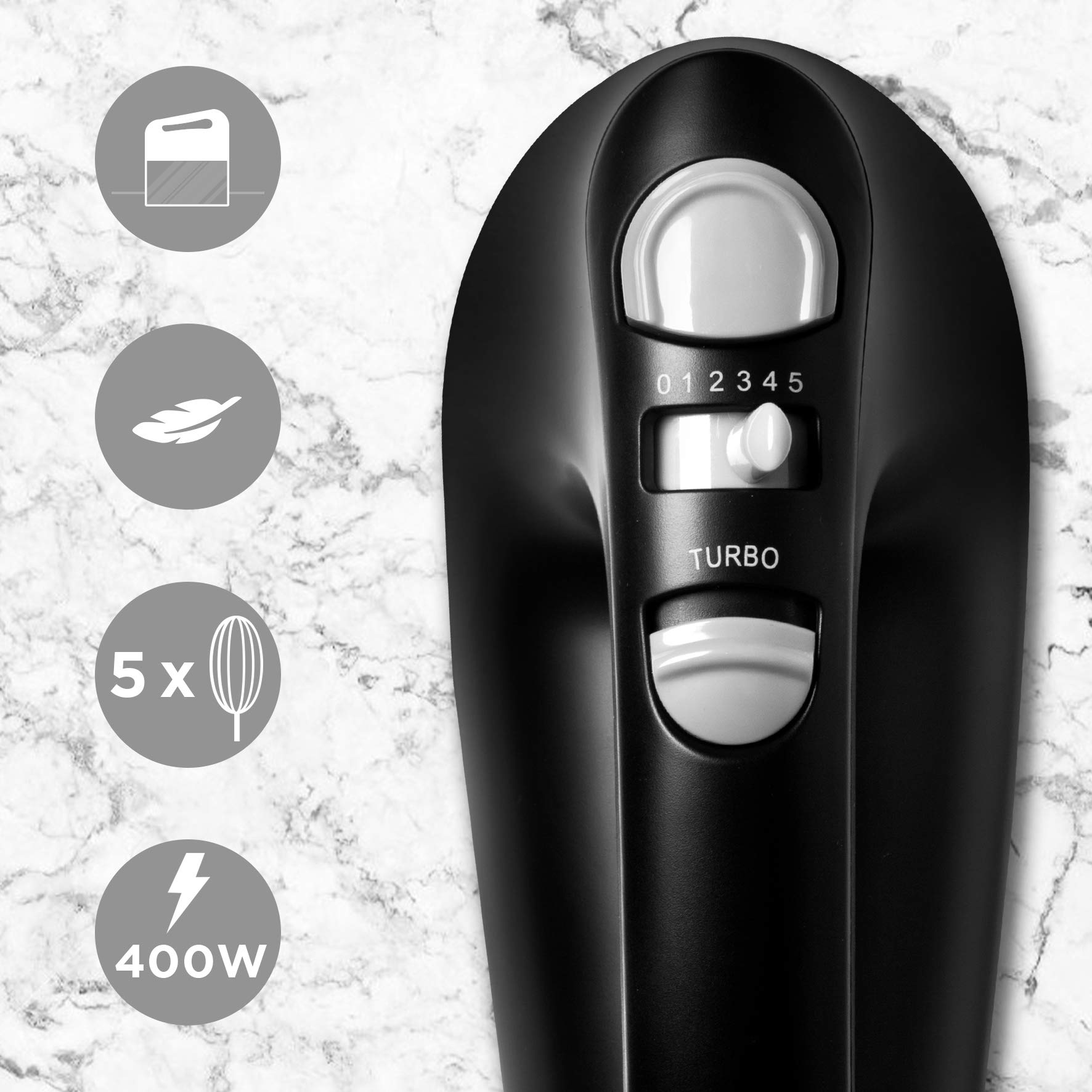 Duronic HM4 BK Sbattitore elettrico 400 W, Mixer 5 velocità e funzione turbo, Frusta elettrica con contenitore per accessori, 2 sbattitori 2 ganci e 1 frusta in acciaio INOX, Nero, Leggero