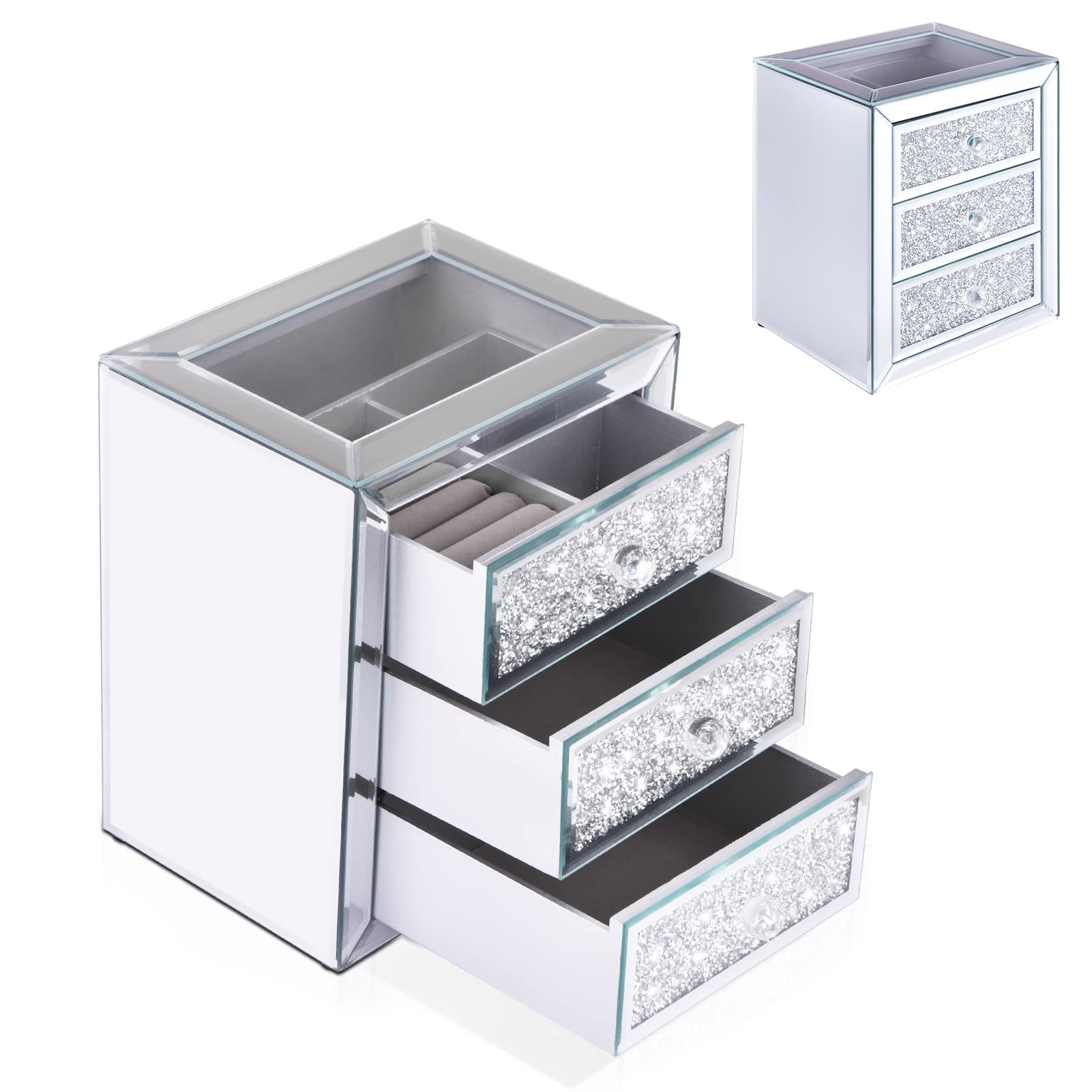 MOMNGNE Mirrored Glass Jewelry Box with 3 Drawer, Multi-layer Crushed Diamond Glass Mirrored Jewelry Box for Women