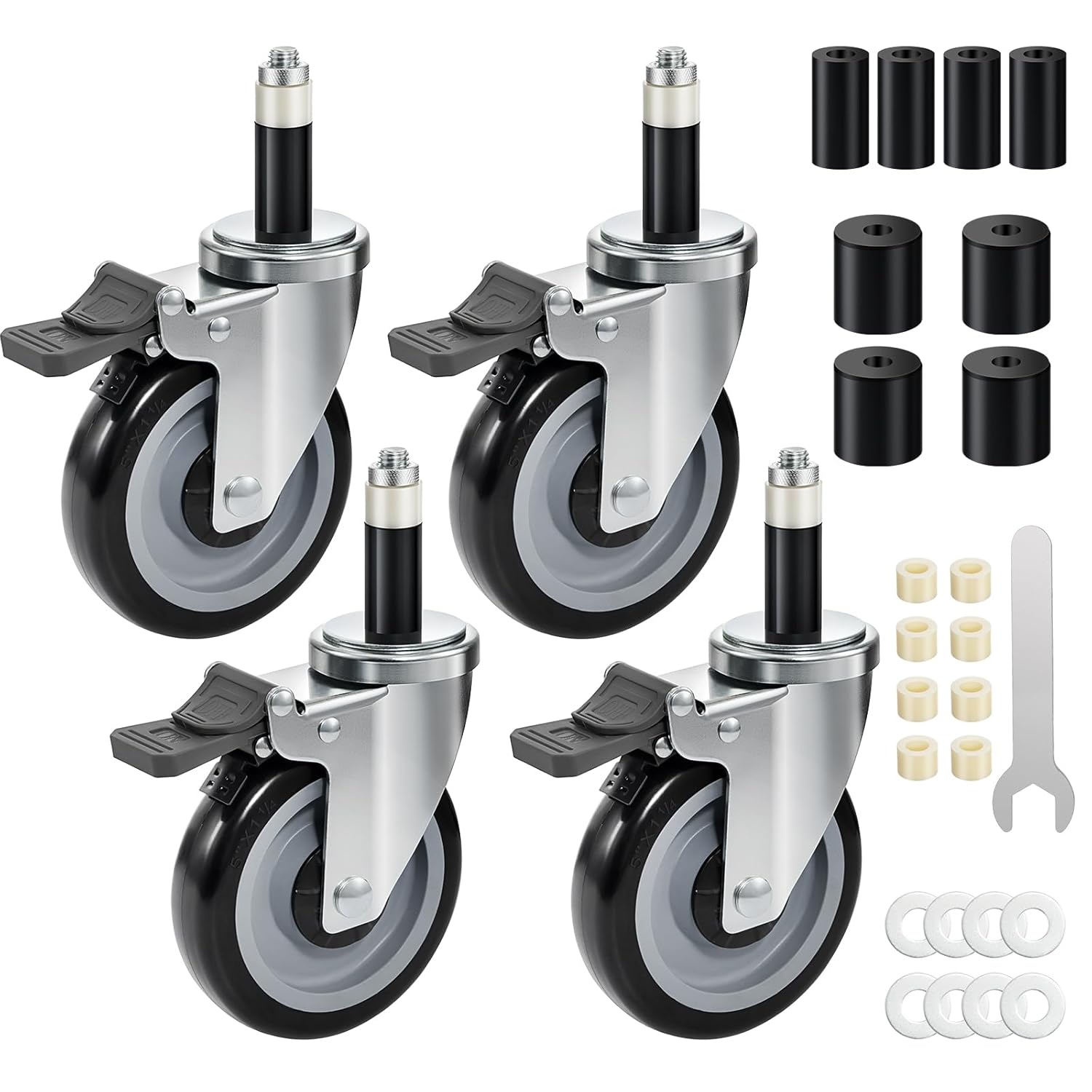 5 inch Swivel Caster Wheels Set of 4, 1600 LBS Capacity, Dual Locking Brake Expanding Stem Casters Fit for 7/8", 1", 1-1/2" Tube Legs for Stainless Steel Table, Furniture, Cart, Tool Cabinet