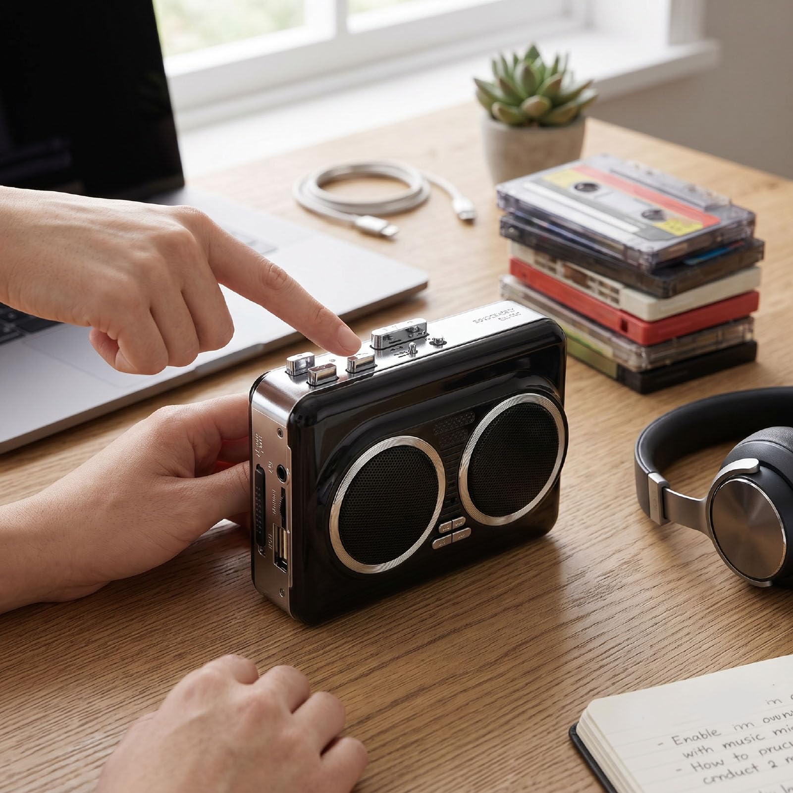 Annadue Lettore di Cassette USB Portatile con Doppi Altoparlanti Integrati per Anziani | Convertitore da nastro a MP3, batterie AA, registratore portatile a doppia alimentazione USB con cuffie da 3,5 mm