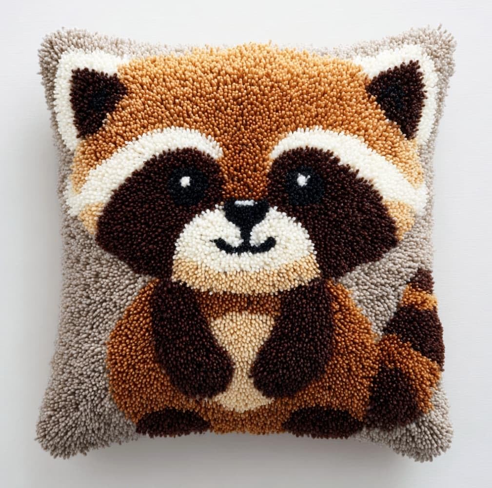 AxiangziK DIY Latch Hook Pillow Kit,Cute Raccoon 17x17inch Printed Pillowcase Crochet Yarns Hooking Handmade Cushion for Home Sofa Decoration