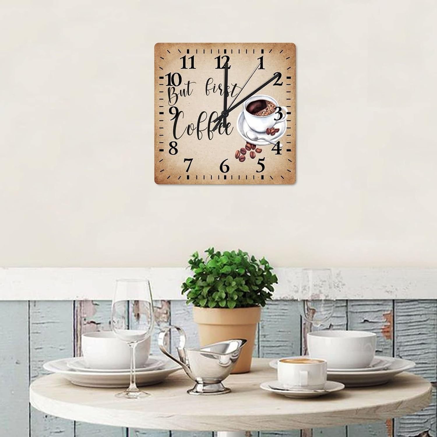 12 Inch Coffee Clock Wooden Battery Operated Coffee Decor Indoor Clocks Arabic Numeral Square Clock for Bathroom Kitchen Living Room Bedroom