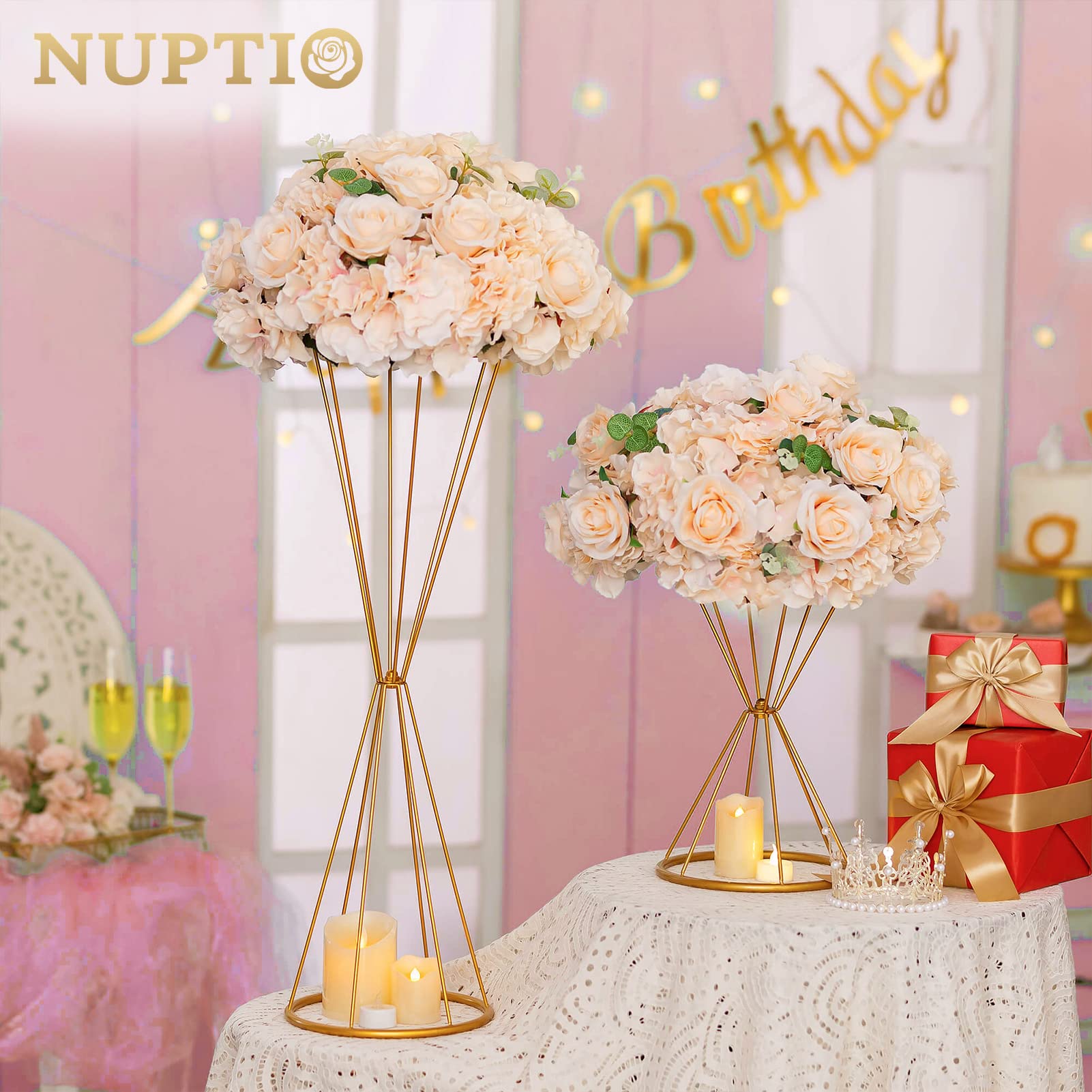 NUPTIO Centres de Table Fleuris 2 Boules Fleurs Artificielles 40cm Diamètre Champagne Bouquet Fleurs Artificielles Bouquet Fleurs Artificielles Fausse Rose pour Décoration Centre Table Mariage