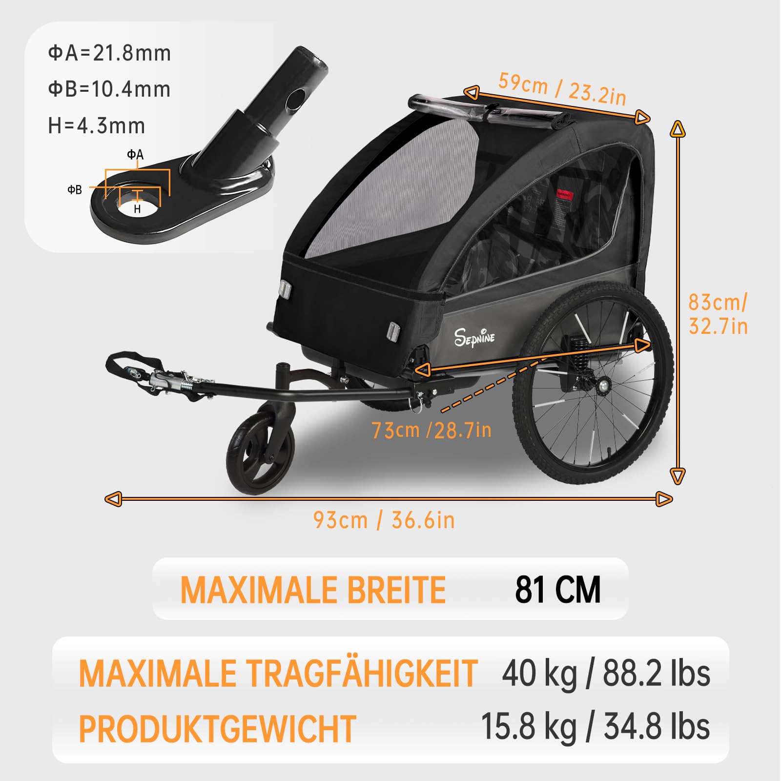 SEPNINE® 2 in 1 Rimorchio per bambini & Passeggino con sospensione, Carrellino per bicicletta per 1 fino a 2 bambini max, Funzione Jogger, Pieghevole, Bagagliaio spazioso (Nero)