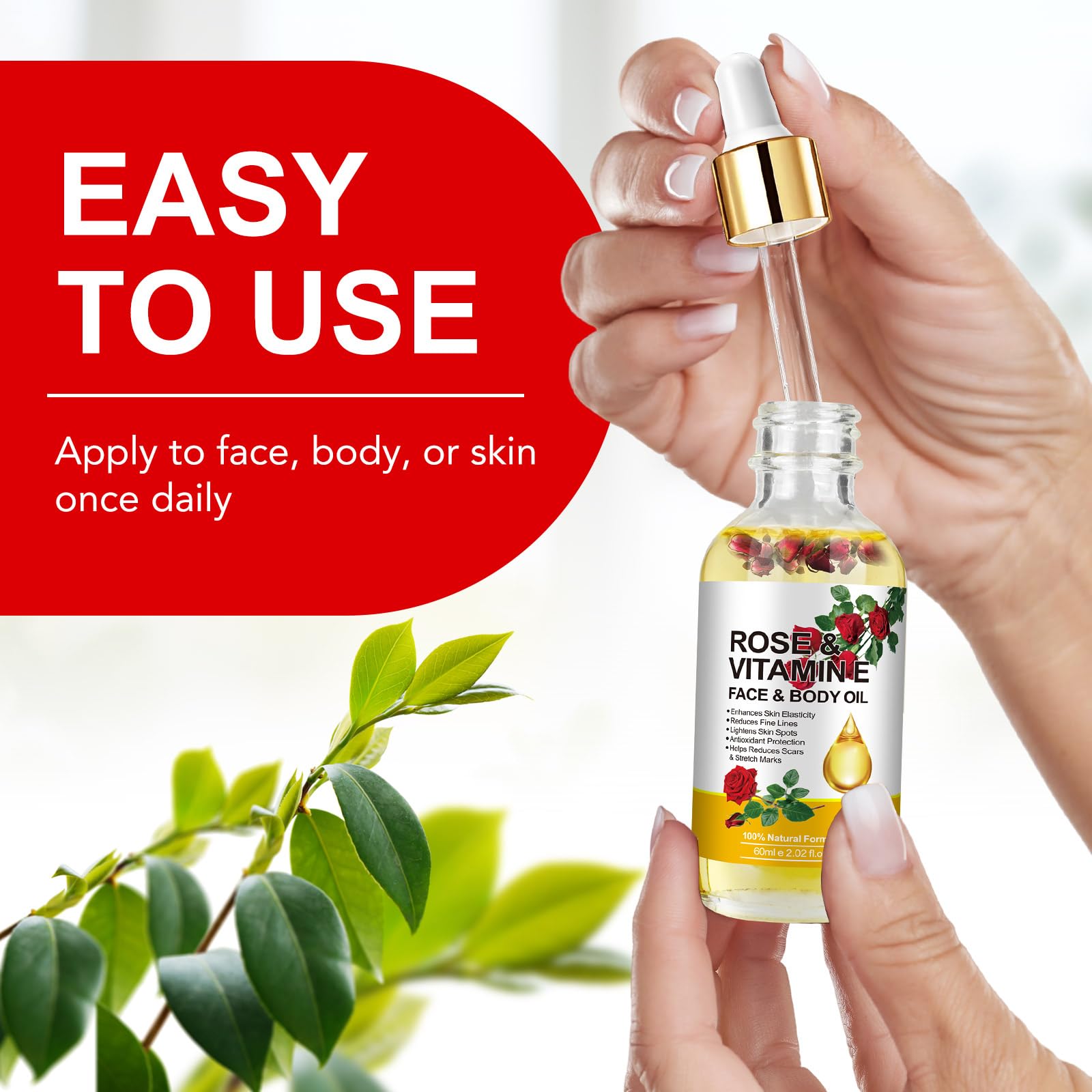 Olejek różany, witamina E do twarzy i ciała, w 100% naturalny środek nawilżający, redukuje zmarszczki, łagodzi blizny i rozstępy, poprawia elastyczność skóry Olejek różany witamina E olejek do ciała