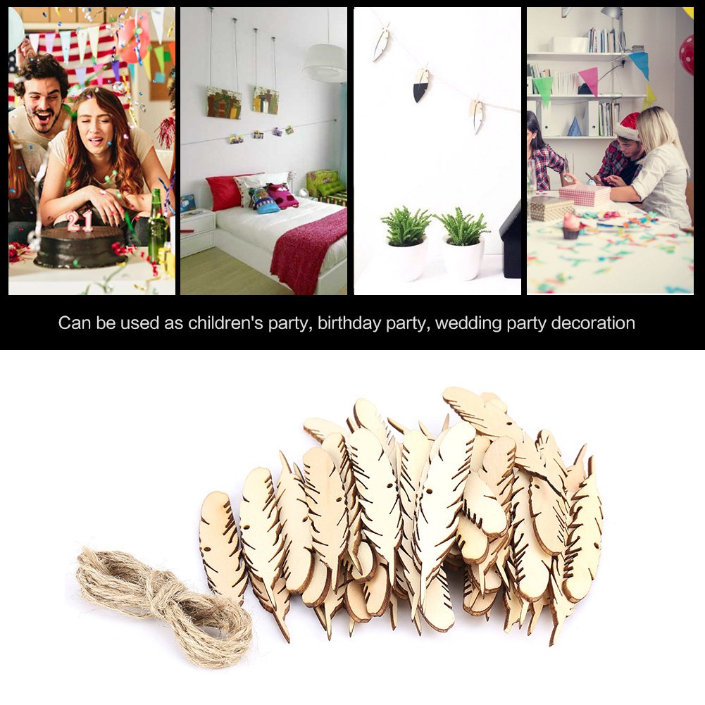 Natural Wooden Feather Shape Slices, 50 Pieces, Craft Embellishments for Scrapbooking Card Making, Wedding Decorations - Image 4