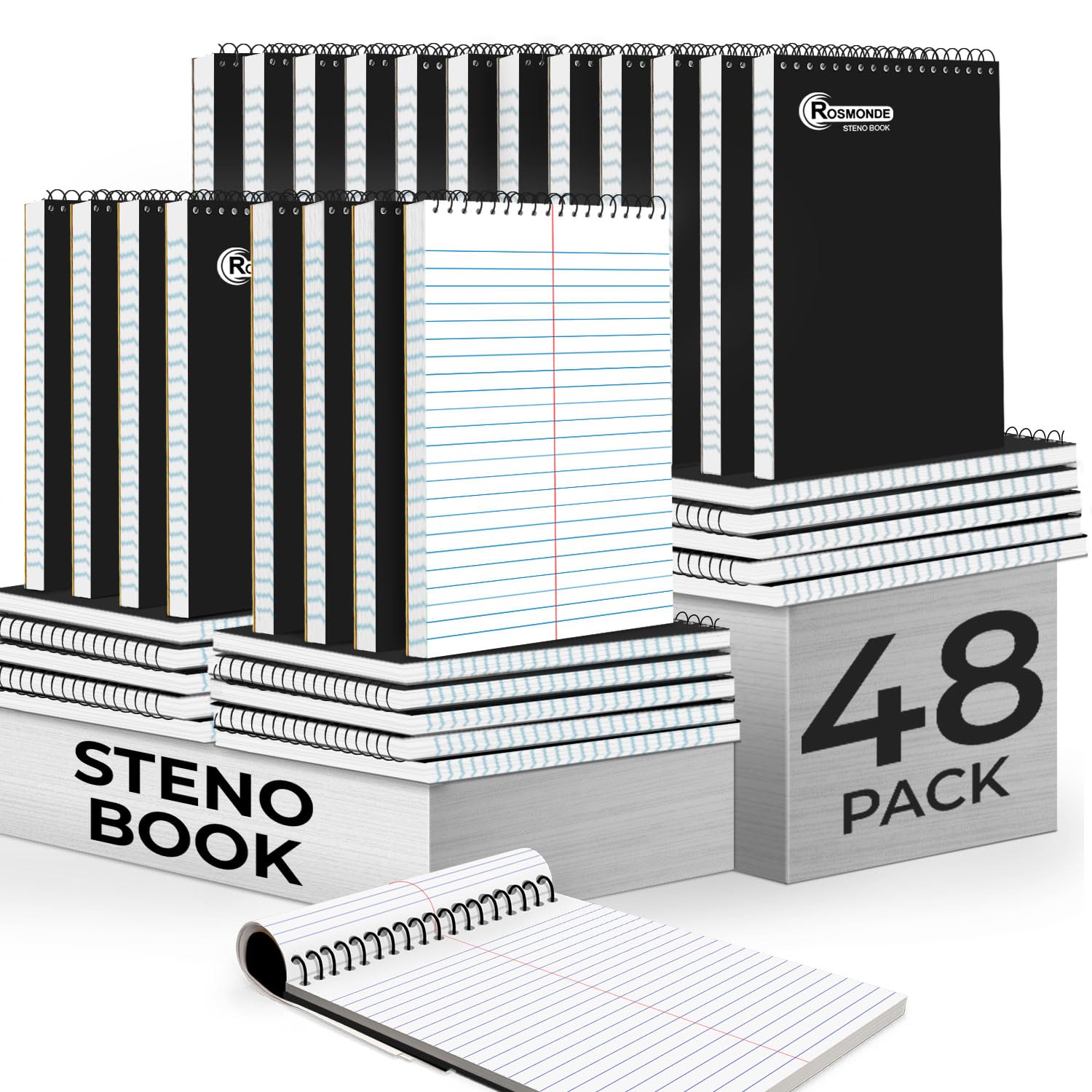 Rosmonde 48 Pack Bulk Spiral Steno Pads, 6"x 9", Steno Notebook Gregg Rule, Black Covers, 80 Sheets (160 Pages), Top Spiral Notebook, Bulk Steno
