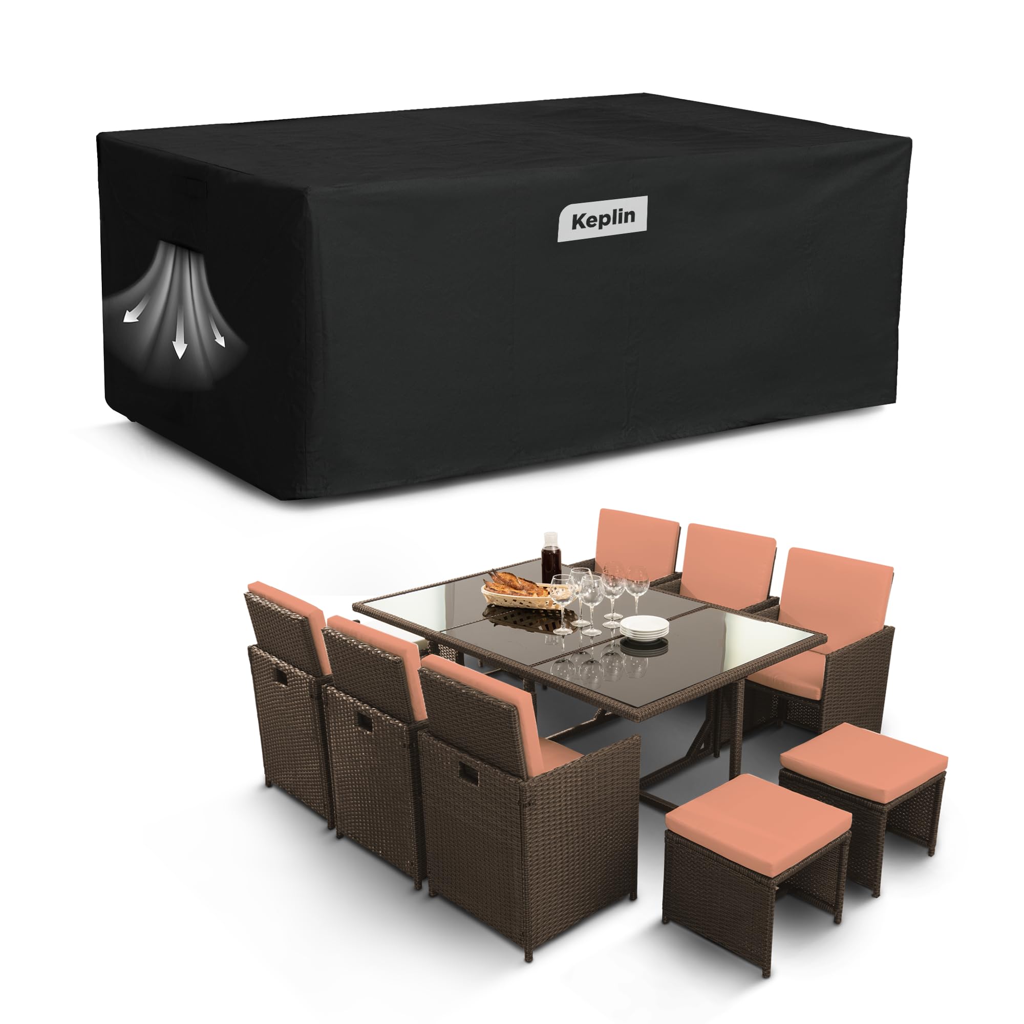 KEPLIN Waterproof Outdoor Furniture Cover - UV, Tear, Fade Resistant, 600D Oxford Fabric, PVC Coating, Air Vent, Attachment Straps & Storage Bag Included for Garden Table & Chairs (180x120x74cm),Black
