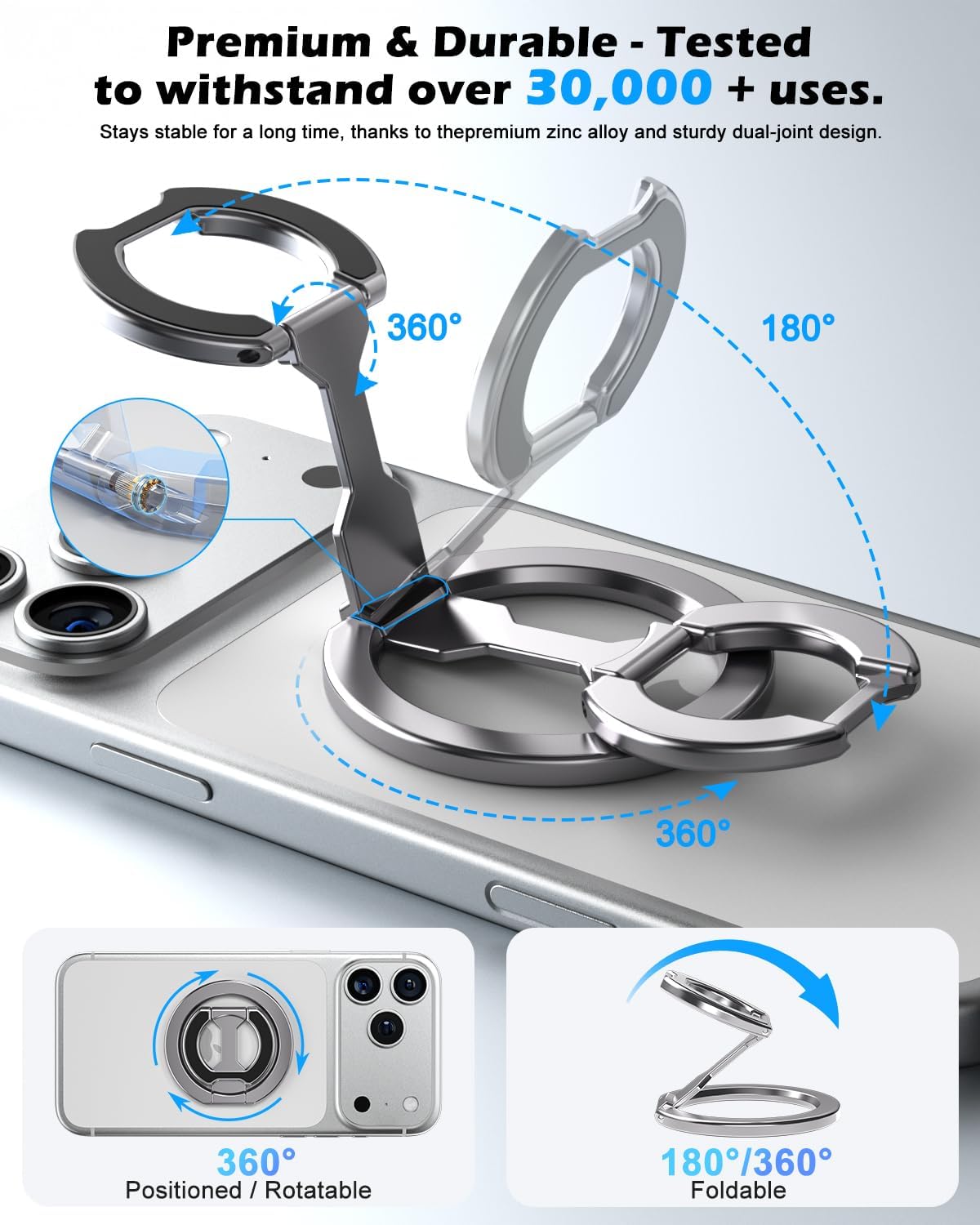 CloudValley Anello Magnetico Cellulare per MagSafe, Magnete Bifacciale, Supporto Pieghevole, Doppia Funzione, Rotazione a 360°, Forte Magnetismo, Compatibile con IPhone 16 15 14 13 12
