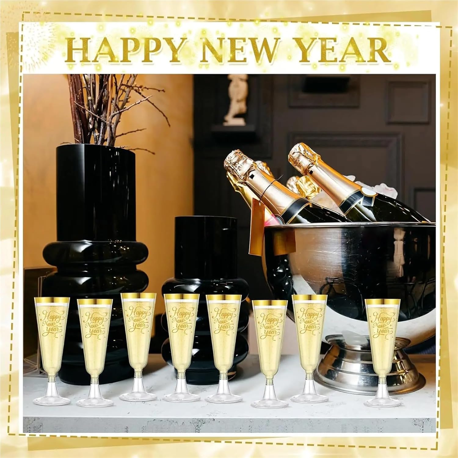 Plastic Champagne Flutes Disposable 48 Pack 2026 Happy New Year Gold Rim Plastic Champagne Flutes 5oz Disposable Party Cups