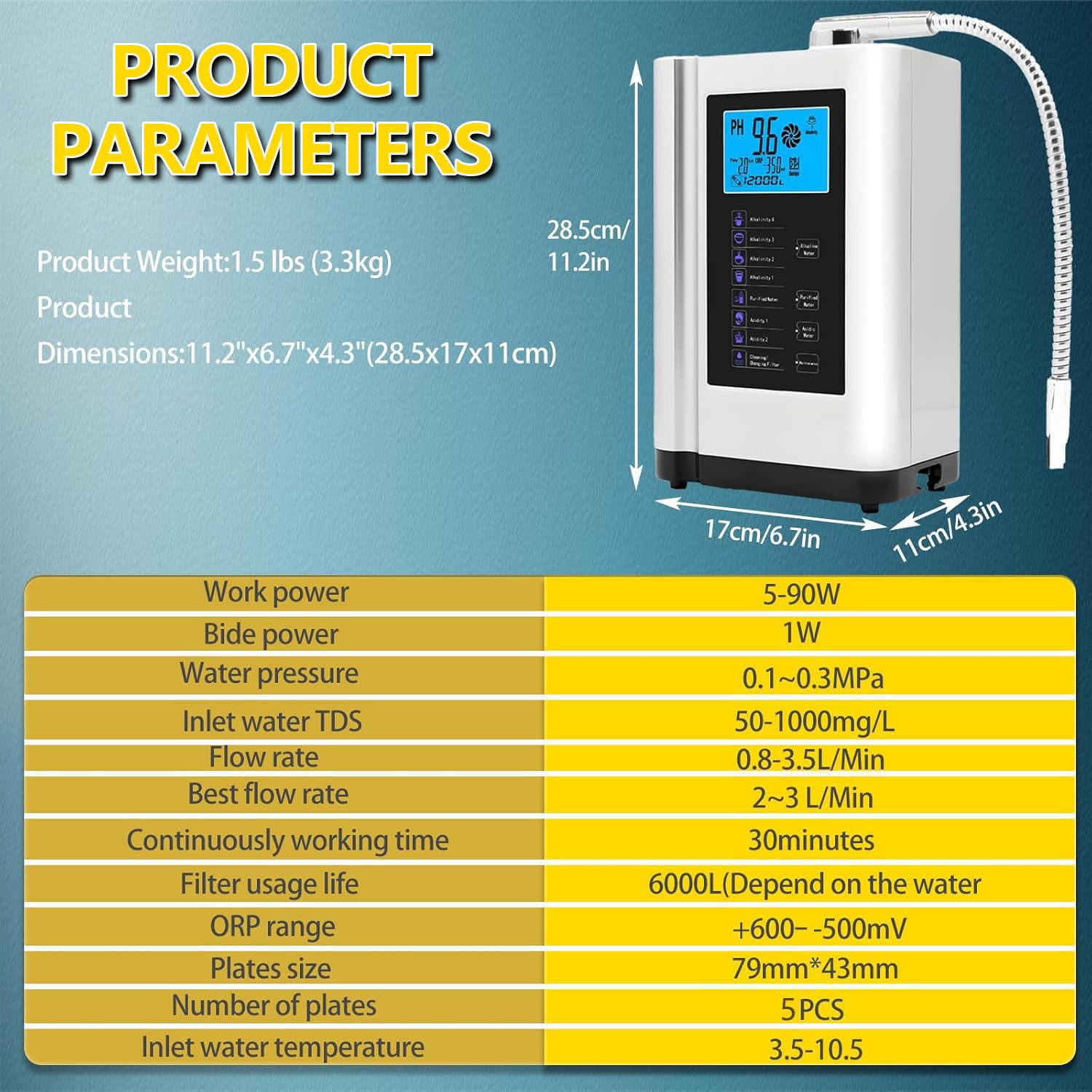 Ionizzatore d'Acqua,PH 3,5-10,5,Macchina per Acqua ionizzata,Macchina per Acqua alcalina acida,ORP Fino a-500mV, 8000 Litri per Filtro, 7 impostazioni dell'Acqua, Pulizia Automatica Blue