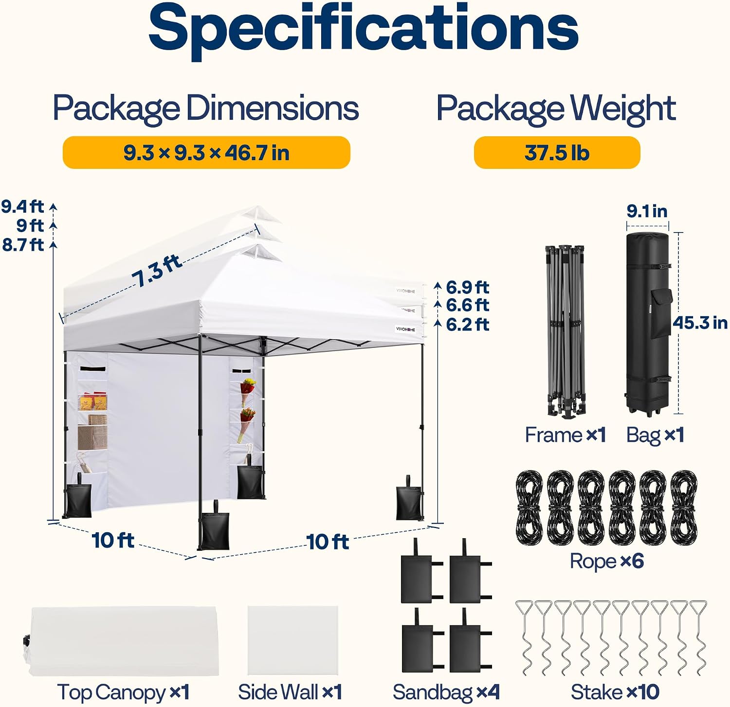 VIVOHOME 10x10ft Pop Up Canopy Tent with Sidewall and 6 Pockets, One Push Setup Outdoor Portable Shelter Tent Heavy Duty with Wheel Carry Bag and 4 Sandbags, White