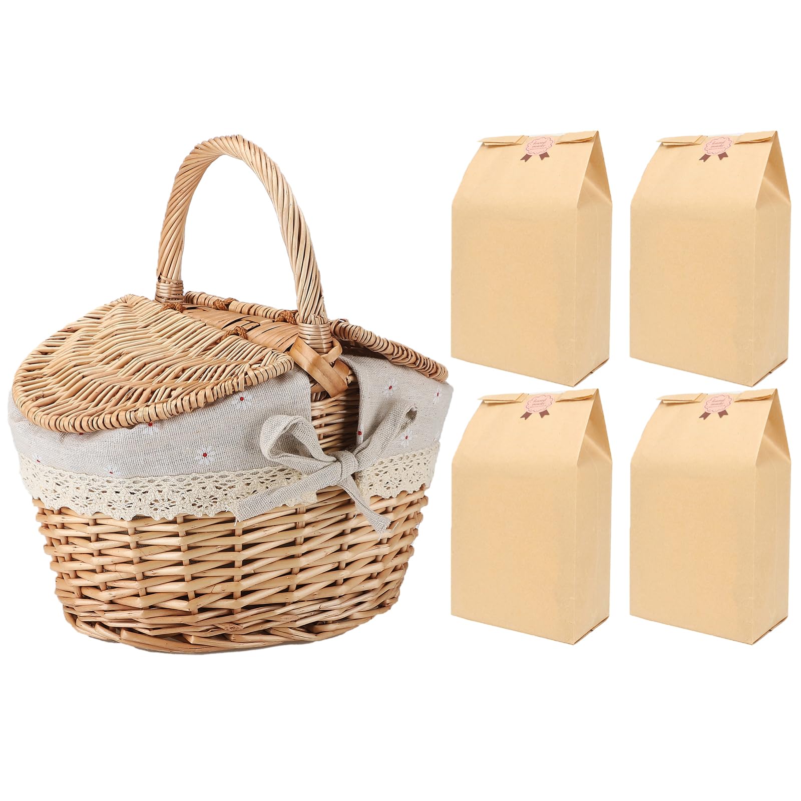 BEIJIALY Picnic Baskets with 50 pcs Paper Bag,Wicker Picnic Basket with Liner Split Lid Picnic Hamper Woven Baskets with Handles,Picnic Storage Basket, Bread Storage Basket