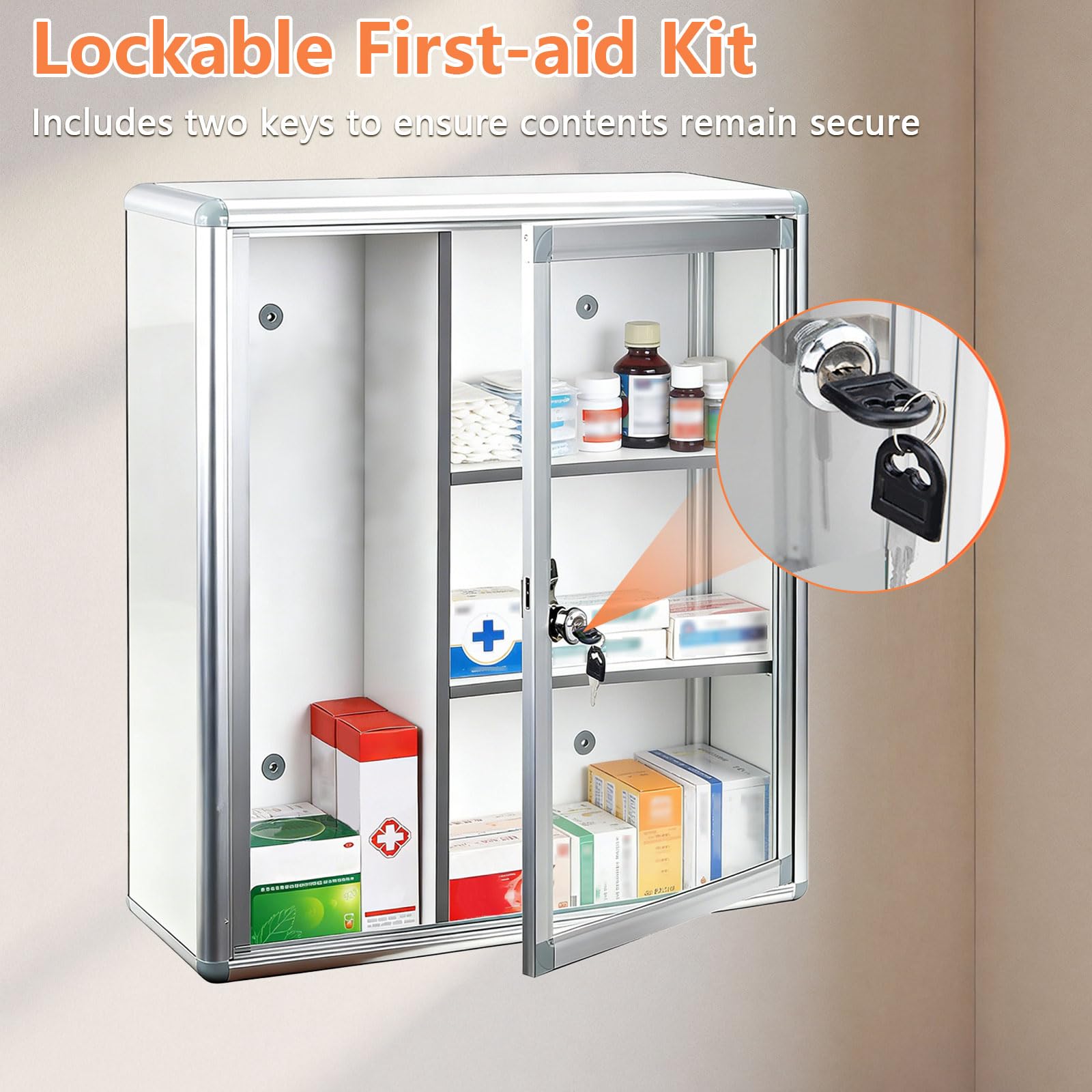 Armoire à pharmacie avec serrure à clé - Boîte à pharmacie murale verrouillable avec 4 compartiments - Boîte de rangement verrouillable avec porte transparente - Grande capacité - Armoire de premiers