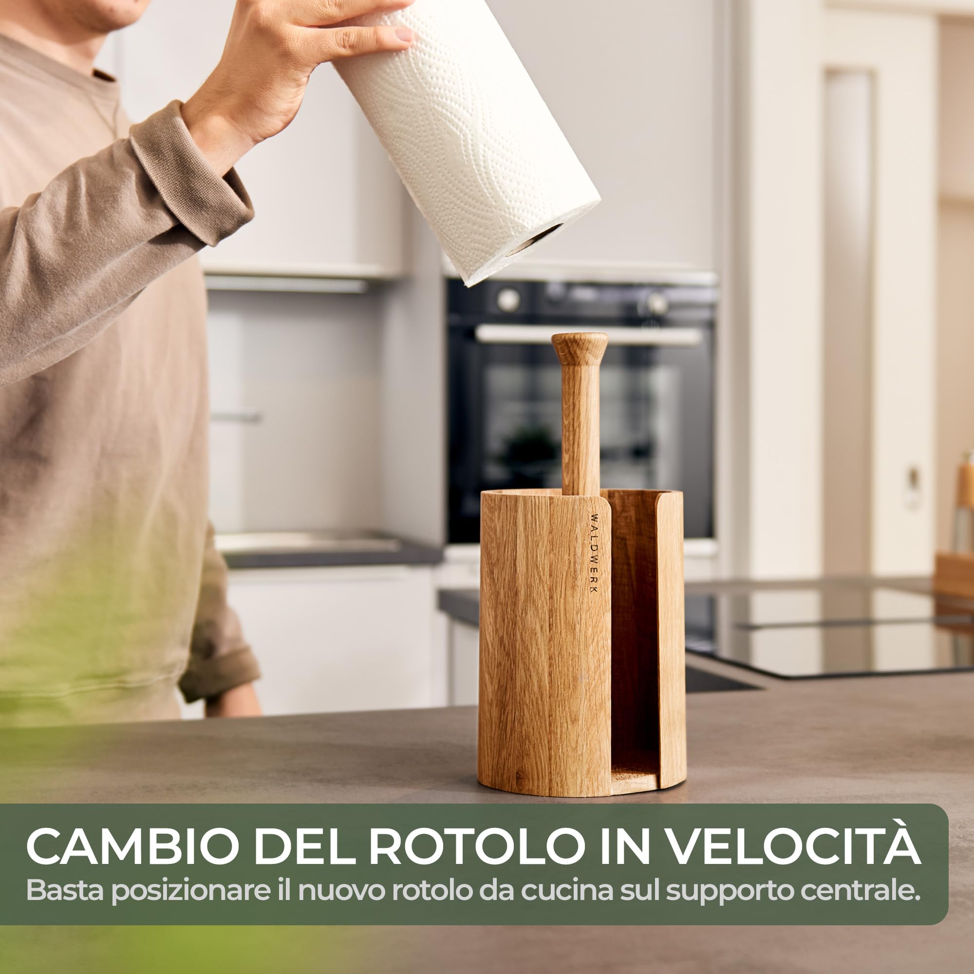 WALDWERK Porta Rotolo da Cucina Design – Portarotolo da cucina in vero legno di quercia – Porta Cucina verticale adatto a tutti i rotoli standard – Porta carta da cucina senza plastica