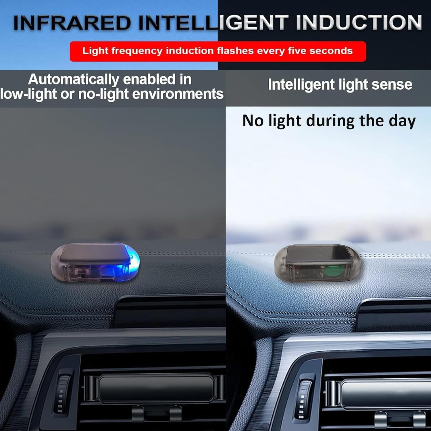 AMZSTAR 2PCS Car Solar Simulated False Alarm with USB Charger Port, Anti-Theft LED Flashing Security False Light, Universal Alarm Accessory for Cars (Red/Blue)