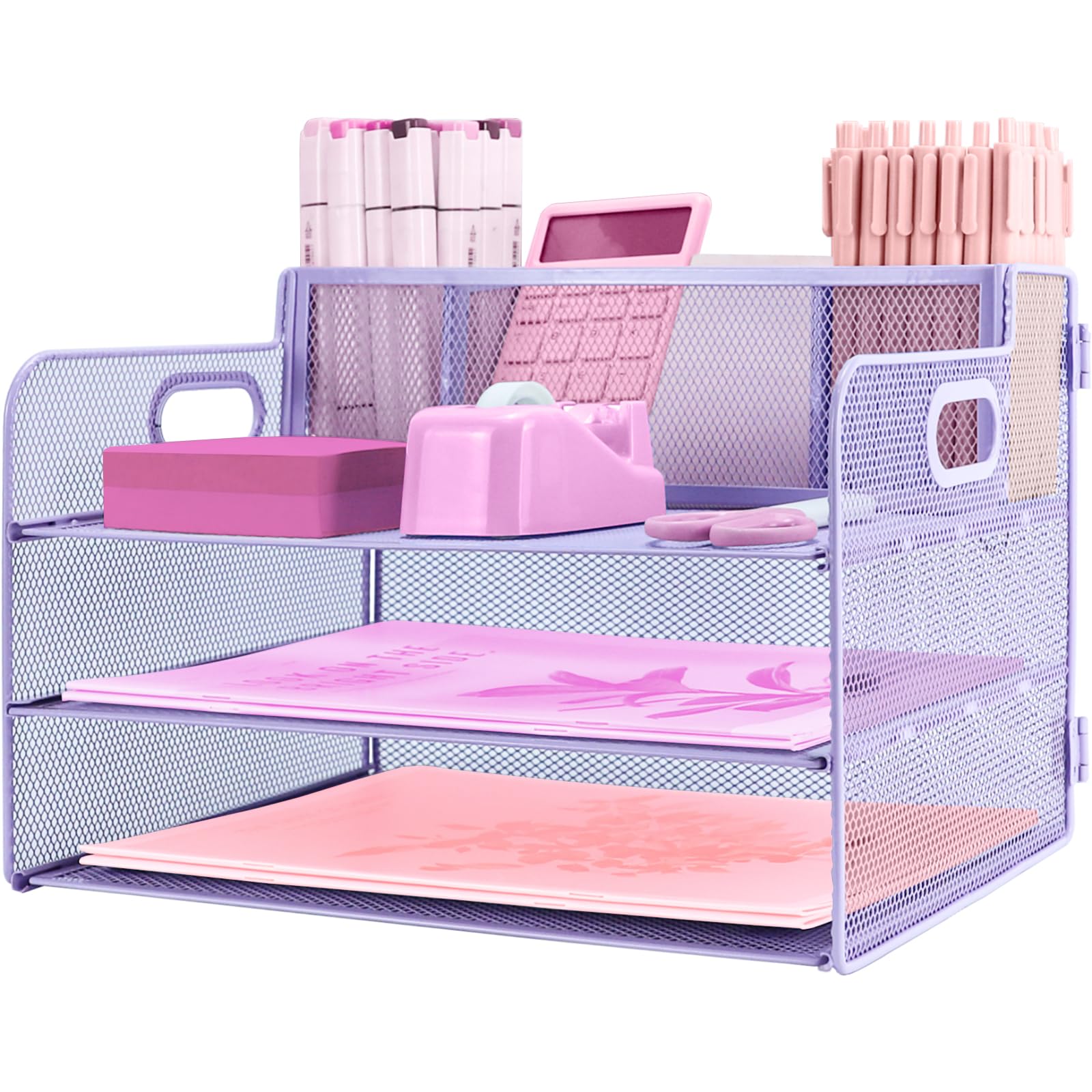 ideallife 3 Tier Mesh Desktop File Organizer with Pen Holder, Paper Letter Tray Organiser, Mesh Desktop Storage with Sliding Trays for Home &Office Supplies(Purple)
