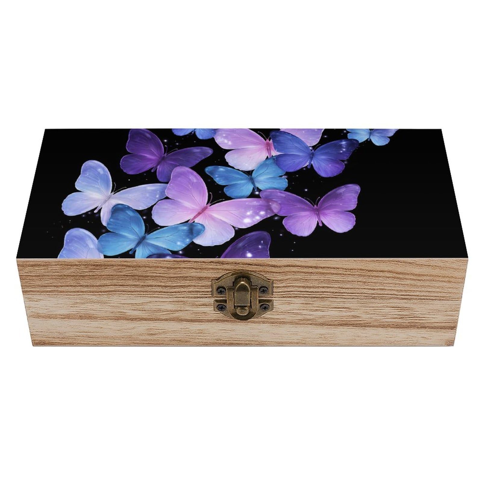 SMAZDFXX Blue Purple Butterflies Wooden Storage Box With Hinged Lid Decorative Front Clasp Keepsake Boxes