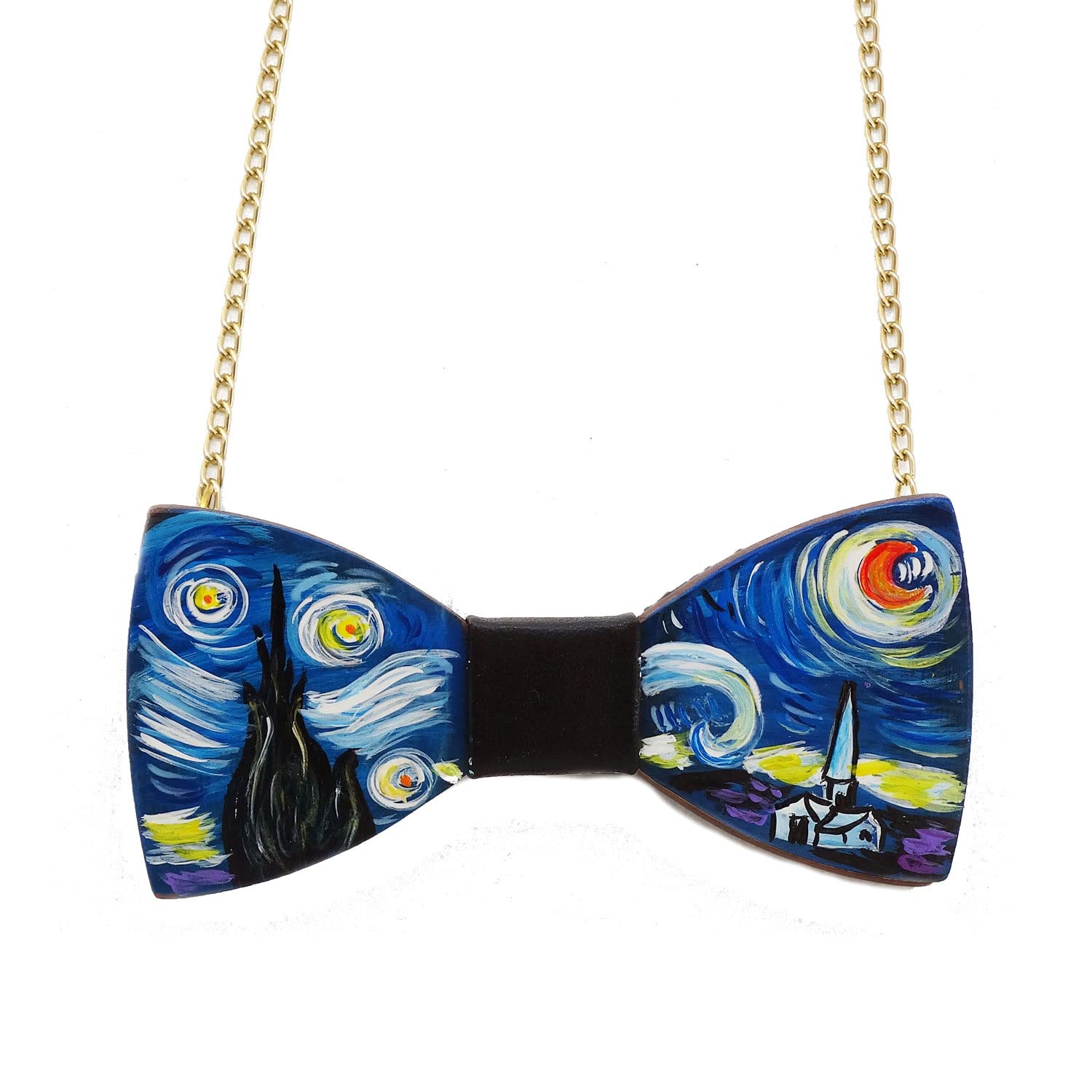 Collar con colgante pintado a mano – La noche estrellada, cuadro famoso – Collar con colgante pintado a mano, medallón de madera pintado a mano, joya elegante en madera totalmente pintada