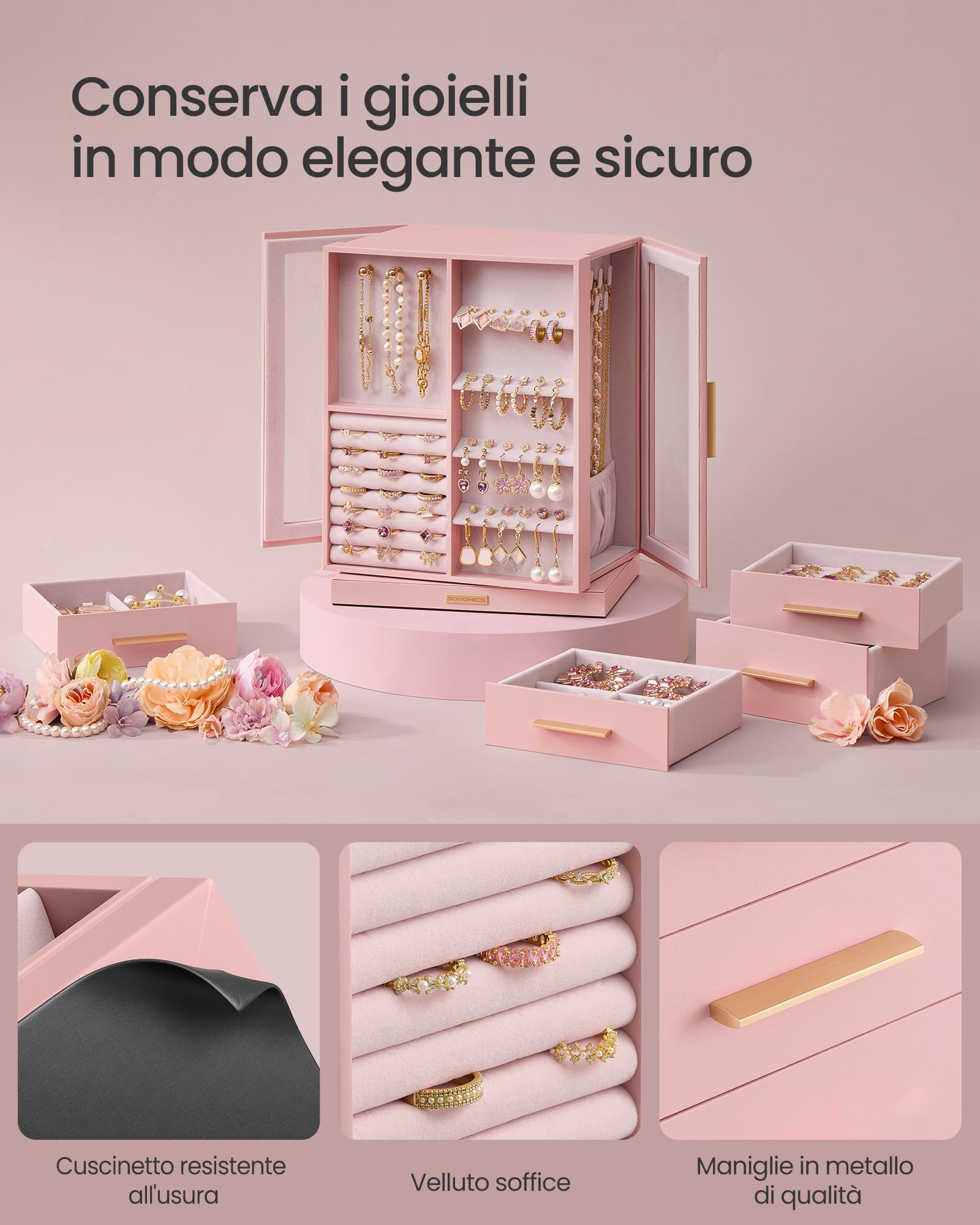 SONGMICS Scatola Portagioie Girevole a 360°, Porta Gioielli con 5 Cassetti, Finestre in Vetro Laterali, Capiente, Conservazione in Verticale, Design Aperto, Idea Regalo, Rosa Pastello JBC170R01