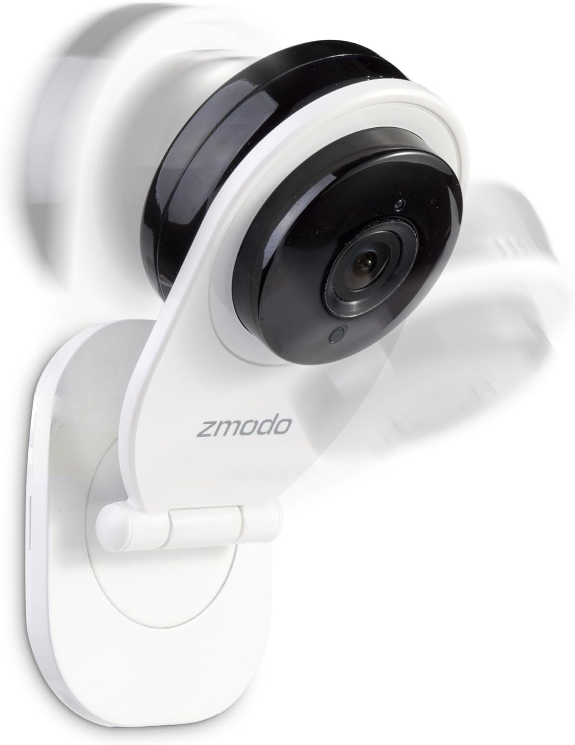വശം view of the Zmodo EZCam camera showing its adjustable stand, with motion blur indicating movement.