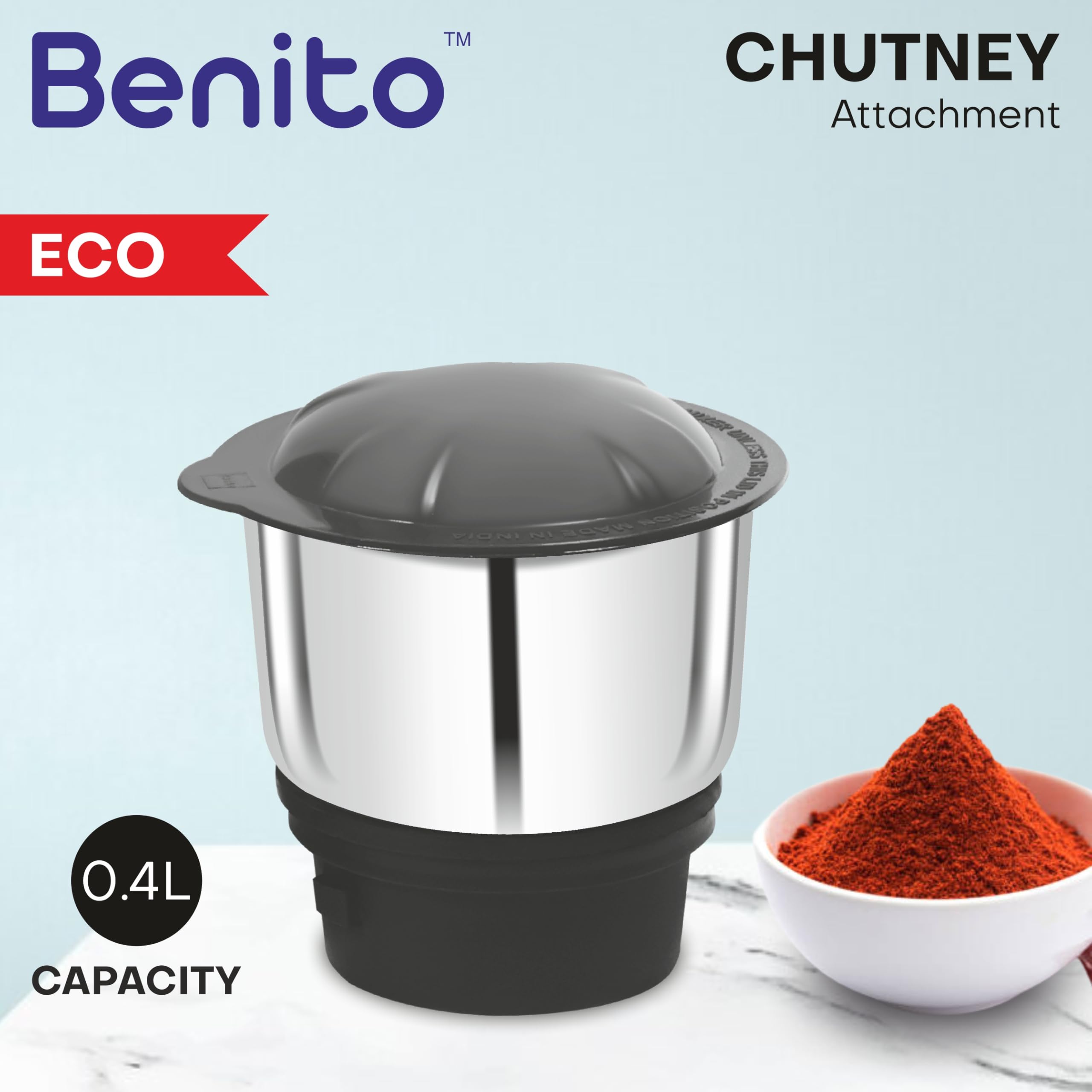 Benito ECO Stainless Steel Chutney Jar(400ml) for Mixer Grinder – Compatible with 4-Teeth Coupler & Dual Locking System — Amazon image 2