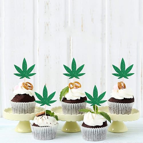 Miniatura 5 de INNORU Paquete de 24 adornos para cupcakes de hojas de cáñamo con purpurina, hojas de hierba de marihuana, suministros de fiesta de cumpleaños de