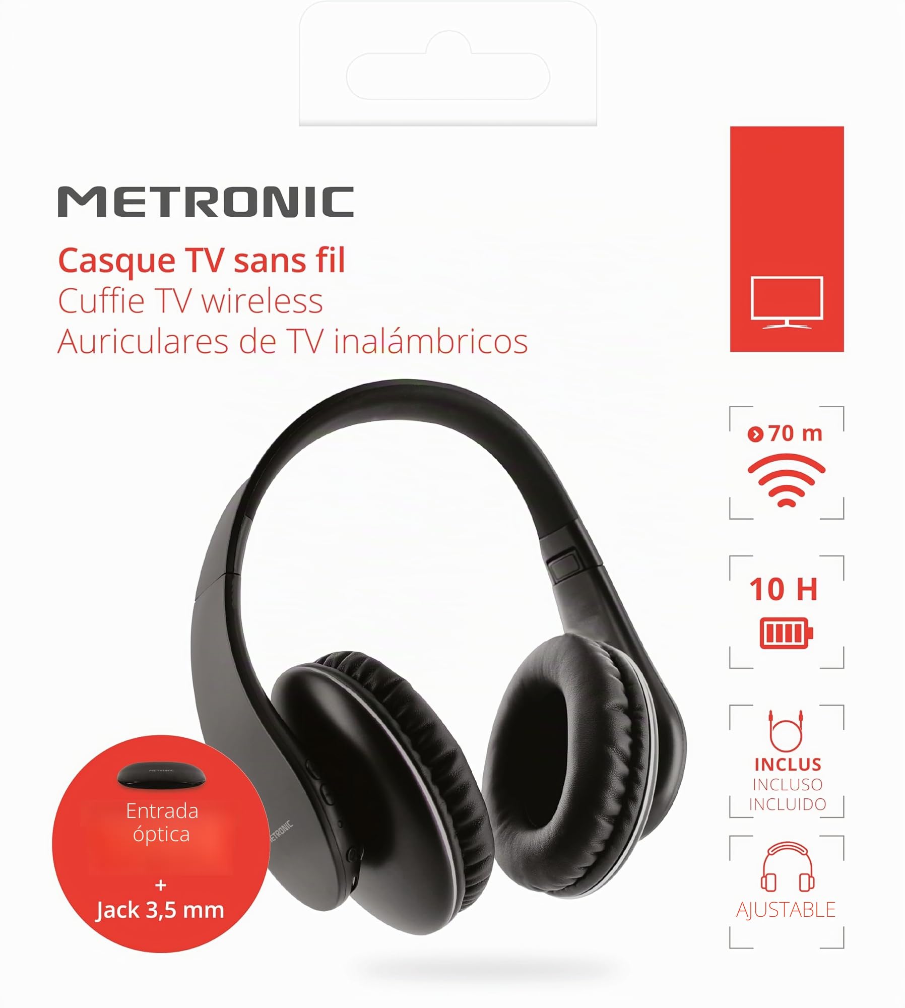 Metronic 480200 - Auriculares inalámbricos ópticos, estéreo, transmisor para TV/PC/Teléfono/Tablet, AUX 3.5mm, Volumen Integrado, Diadema Plegable, autonomía hasta 10 Horas