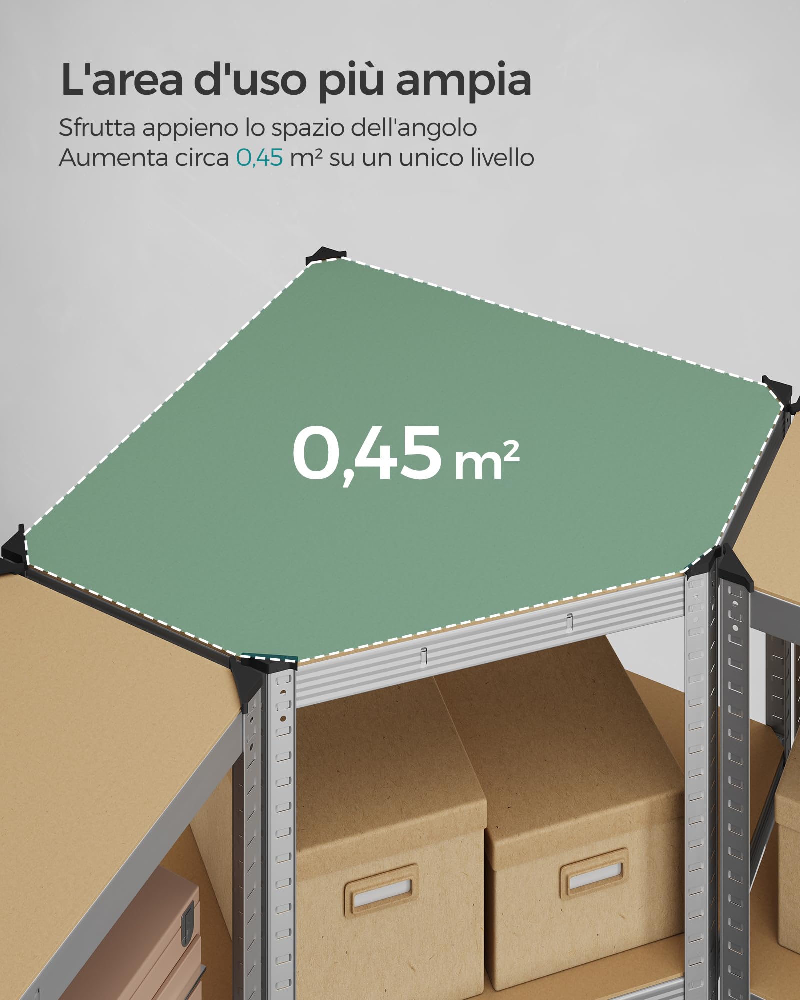 SONGMICS Set di Scaffale Angolare a 4 Ripiani, Scaffalatura ad Angolo in Acciaio per Carichi Pesanti, per Garage, Ripostiglio, Magazzino, Portante 1500 kg, Argento Pallido e Beige Naturale GLR056E03