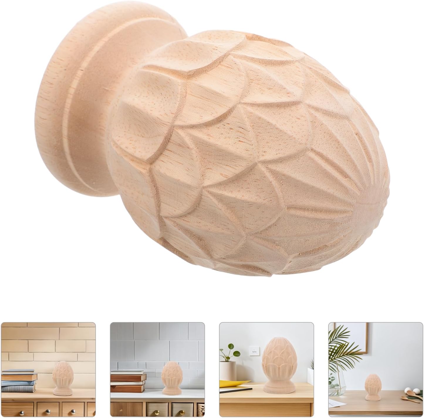 LOGOFUN Carved Wooden Pineapple Newel Post Caps Unfinished Staircase Finial Replacement for DIY Home Commercial Furniture Decoration - 10 * 16cm