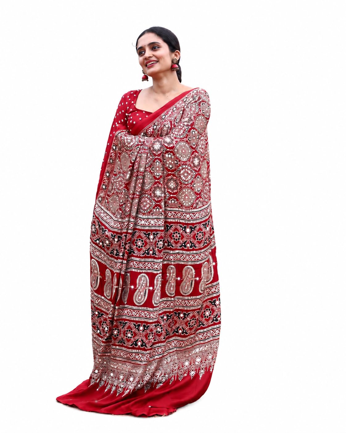 Women's Mashroo Mix Ajrakh Printed Real Mirror Work Modal Semi Gajji Silk Soft and Smooth Saree & Blouse(Unstitched)-picture-49