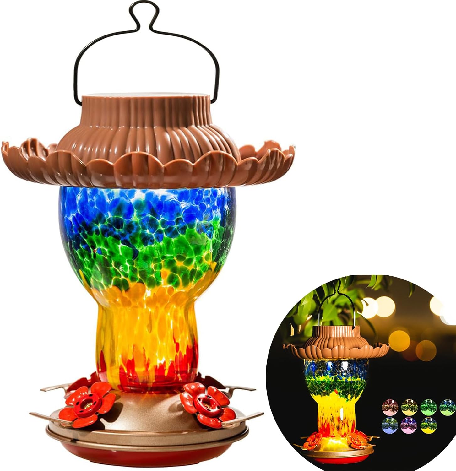 Solar Hummingbird Feeder for Outdoors Hanging Ant and Bee Proof, 25oz Color Changing Light Hand Blown Glass, Leakproof Garden Decor, Gitfs for Bird Lover (Rainbow)