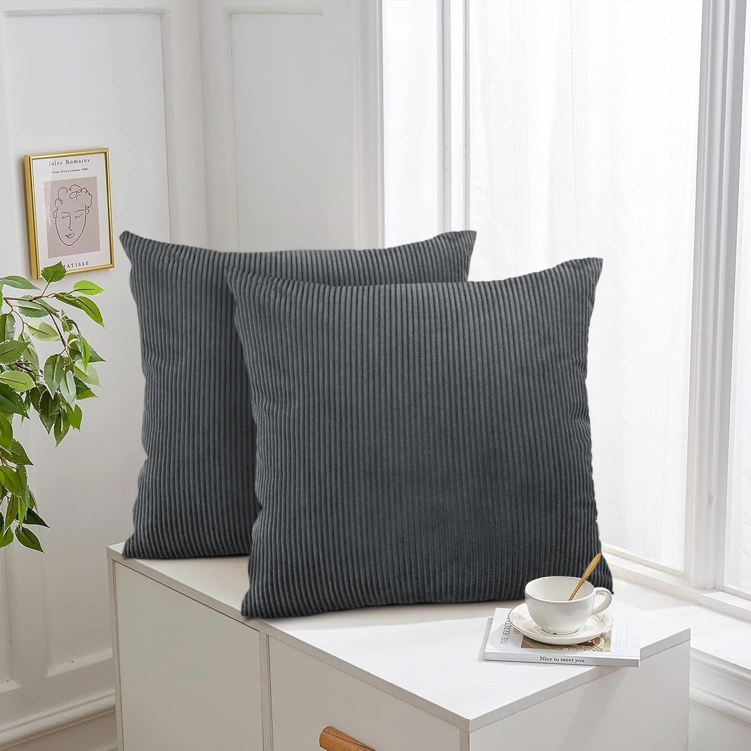 Aspire Homeware Grey Cushions with Covers Included 45 x 45 cm Pack of 2 (2-Cushion Covers, 2-Inserts) with Invisible Zipper Pattern Cushion for Home Décor, Bedroom & Sofa (18x18 Inchs)