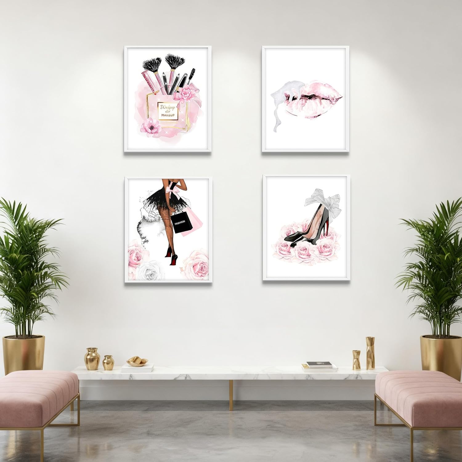 WNRTEKNK 4Pcs Fashion Women Wall Art High Heel Lips Handbag Wall Decor Glam Makeup Prints Makeup Perfume Pictures Painting For Girls Bedroom Living Room Office Bathroom 8x10 Unframed Posters - Image 3