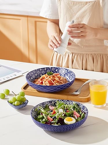 Miniatura 3 de Tazones de cerámica para pasta, 40 onzas, cuencos grandes de ensalada, 8.75 pulgadas, juego de cuencos azules y blancos para pasta, ensalada, sopa,
