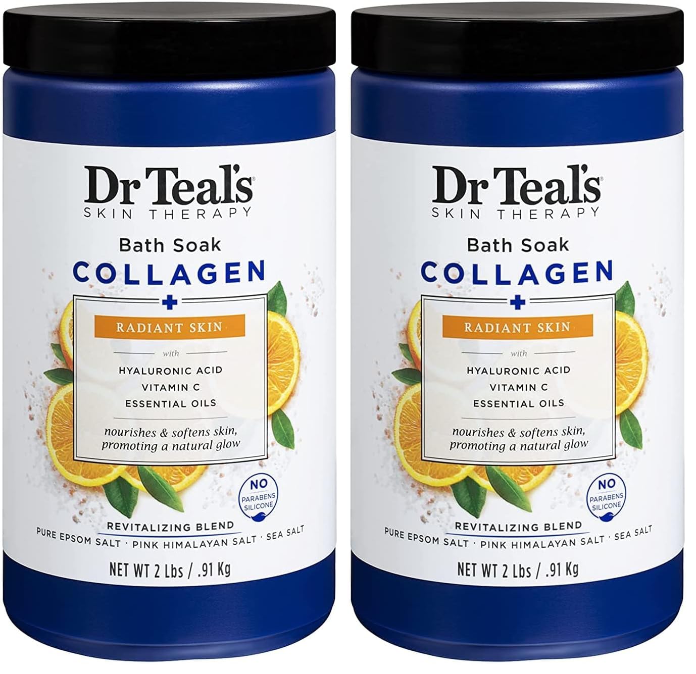 Dr Teal's Skin Therapy Epsom Salt Bath Soak Collagen + Radiant Skin with Hyaluronic Acid, Vitamin C and Essential Oils, 2 lbs (Packaging May Vary) (Pack of 2)