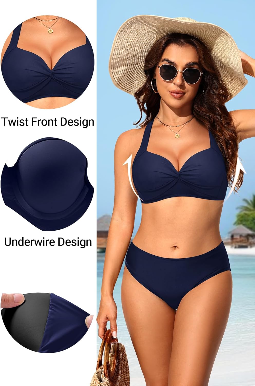 Women Underwire Bikini Top - Push Up Swimsuit Top Twist Front Swim Bra 2025 Retro Bathing Suit