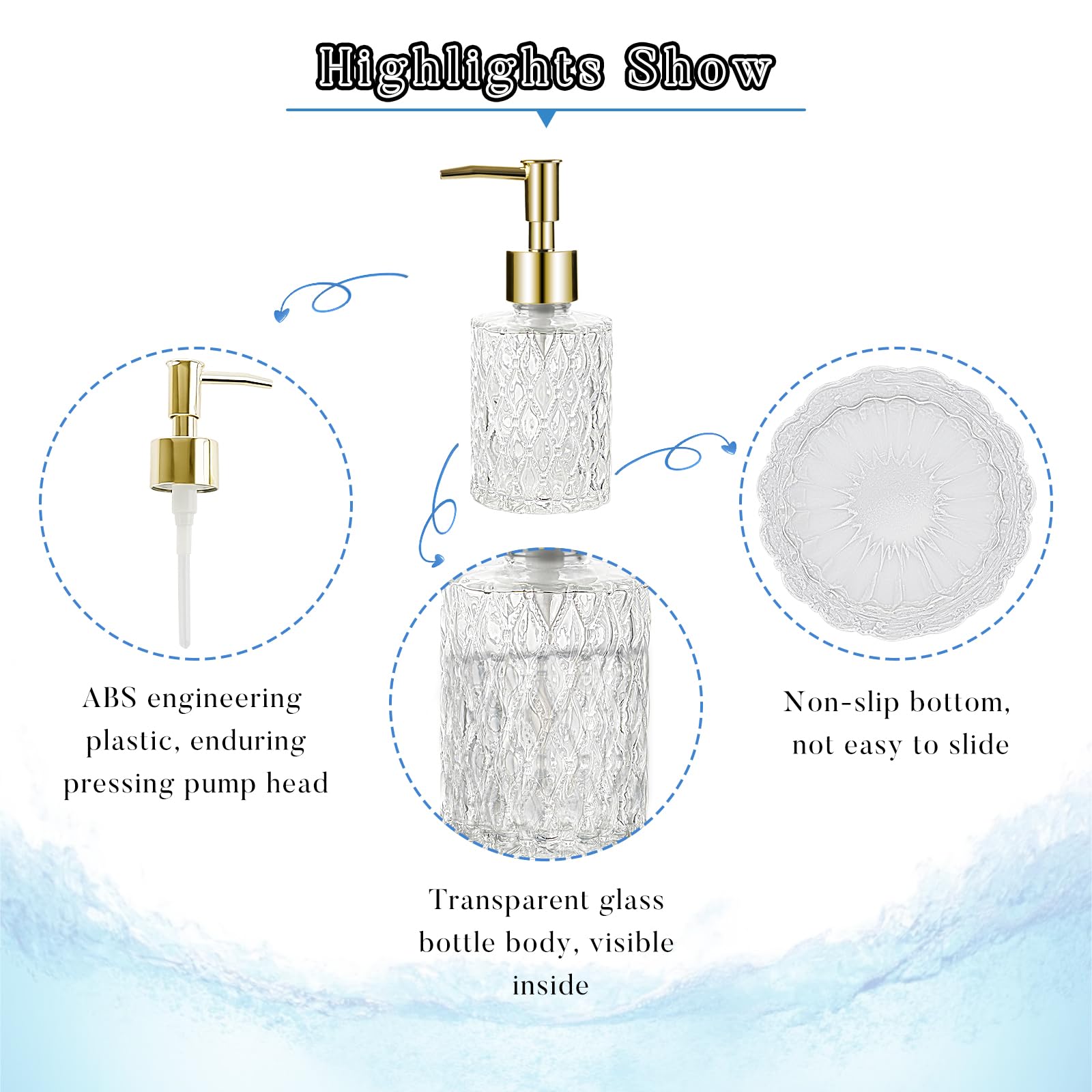 Dispensador de jabón multiusos fácil de limpiar, dispensador de jabón de vidrio, ideal para baño y baño (dorado) 3